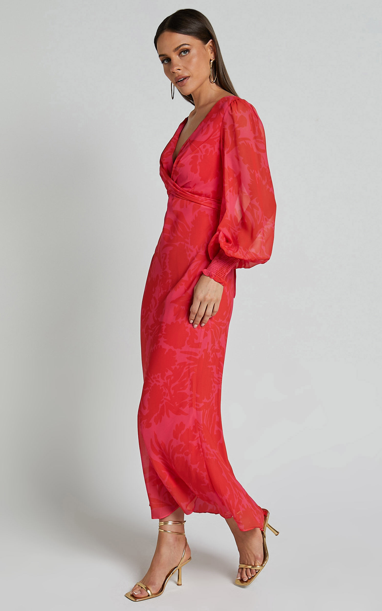 Claude Midi Dress - Deep V Neck Long Sleeve Slip Dress in Print