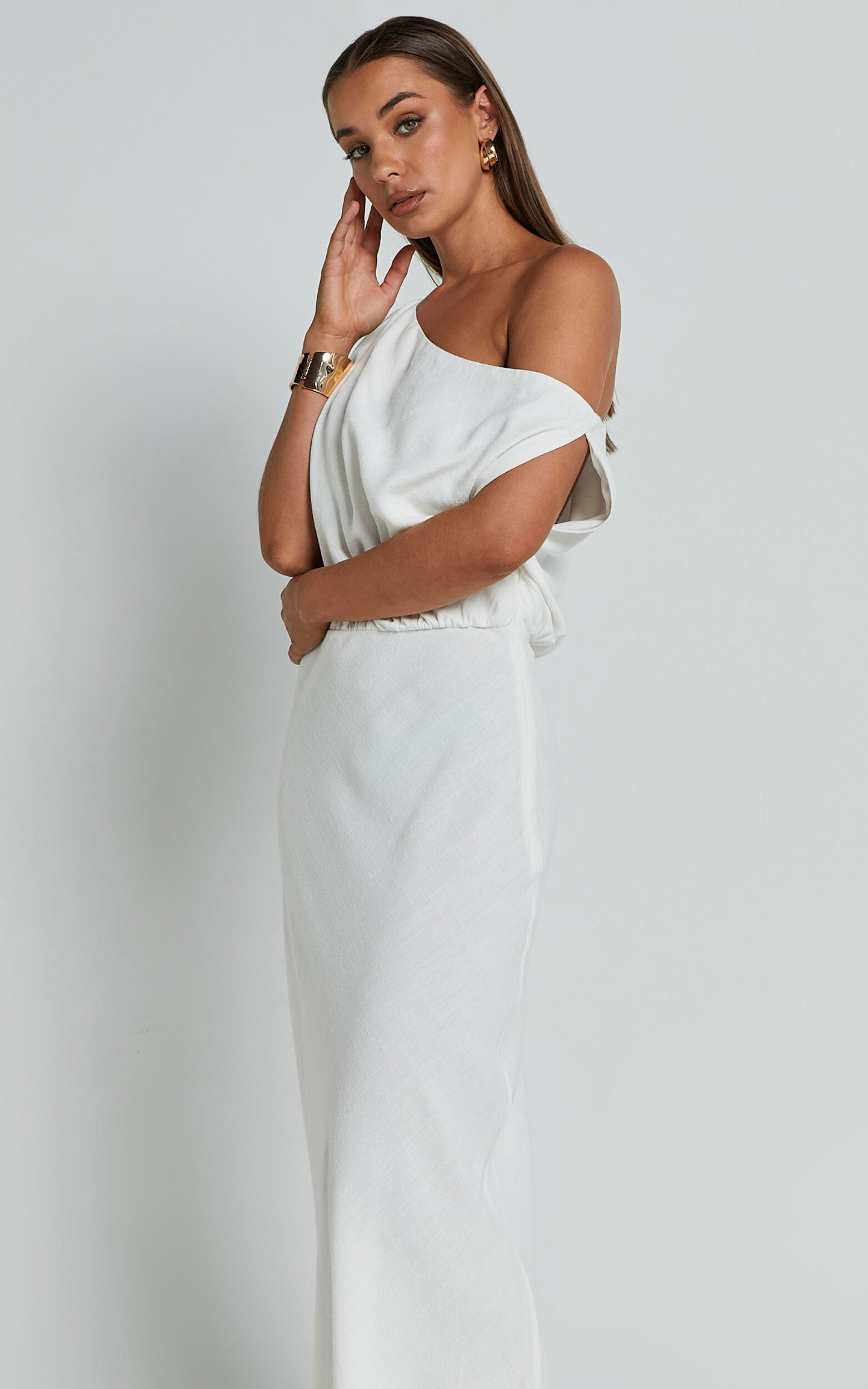 Jacqueline Midi Dress - Linen One Shoulder Dress in White
