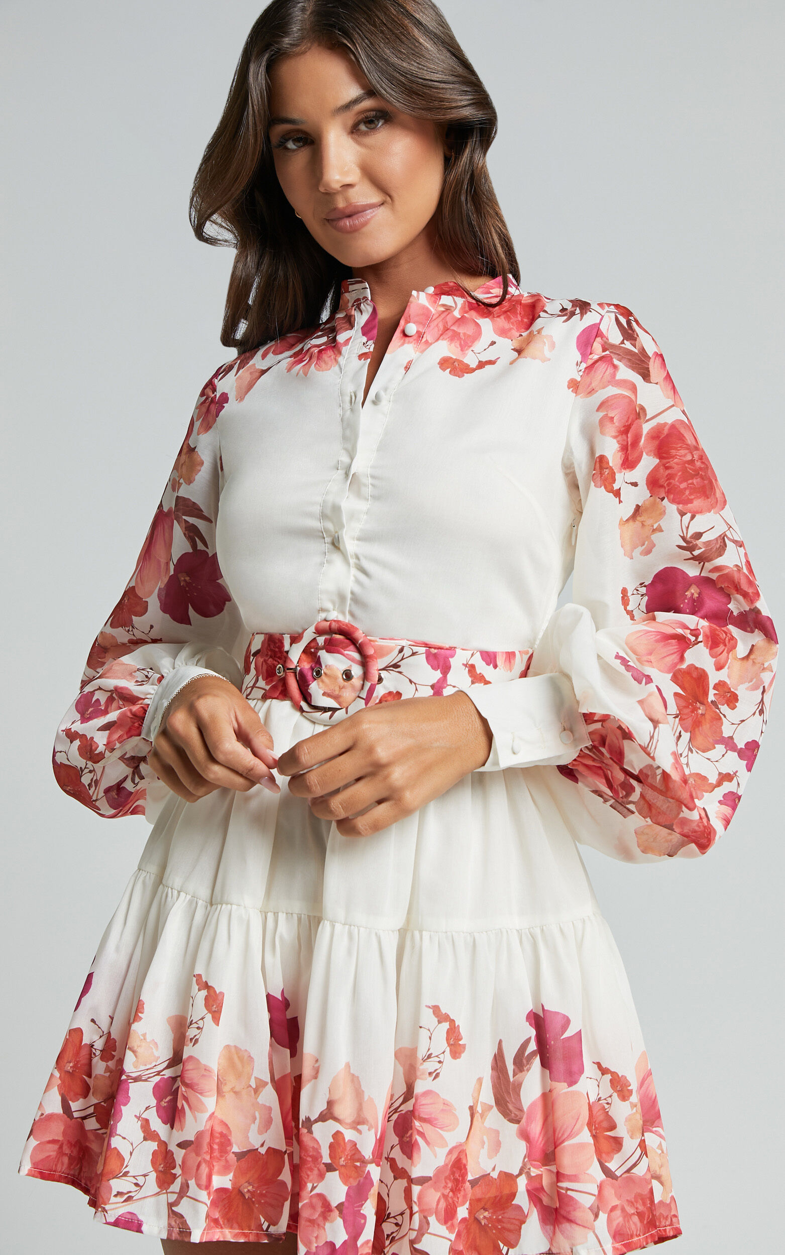 Becky Mini Dress - Long Bishop Sleeve Tiered Dress in Wildflower Print