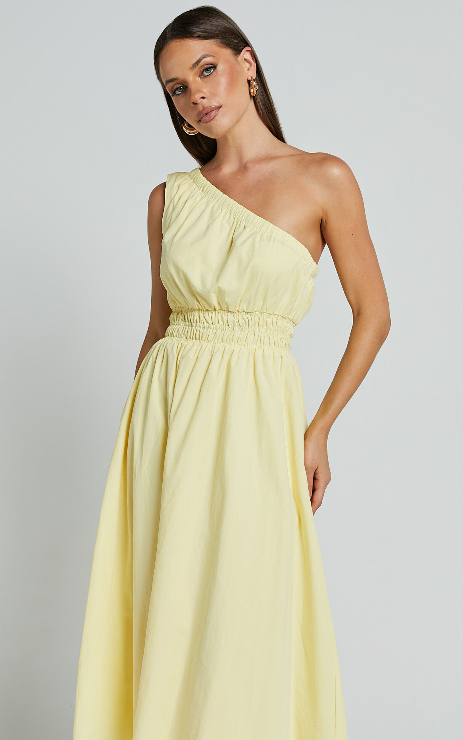 Yulia Midi Dress - One Shoulder Shirred Waist Dress in Lemon