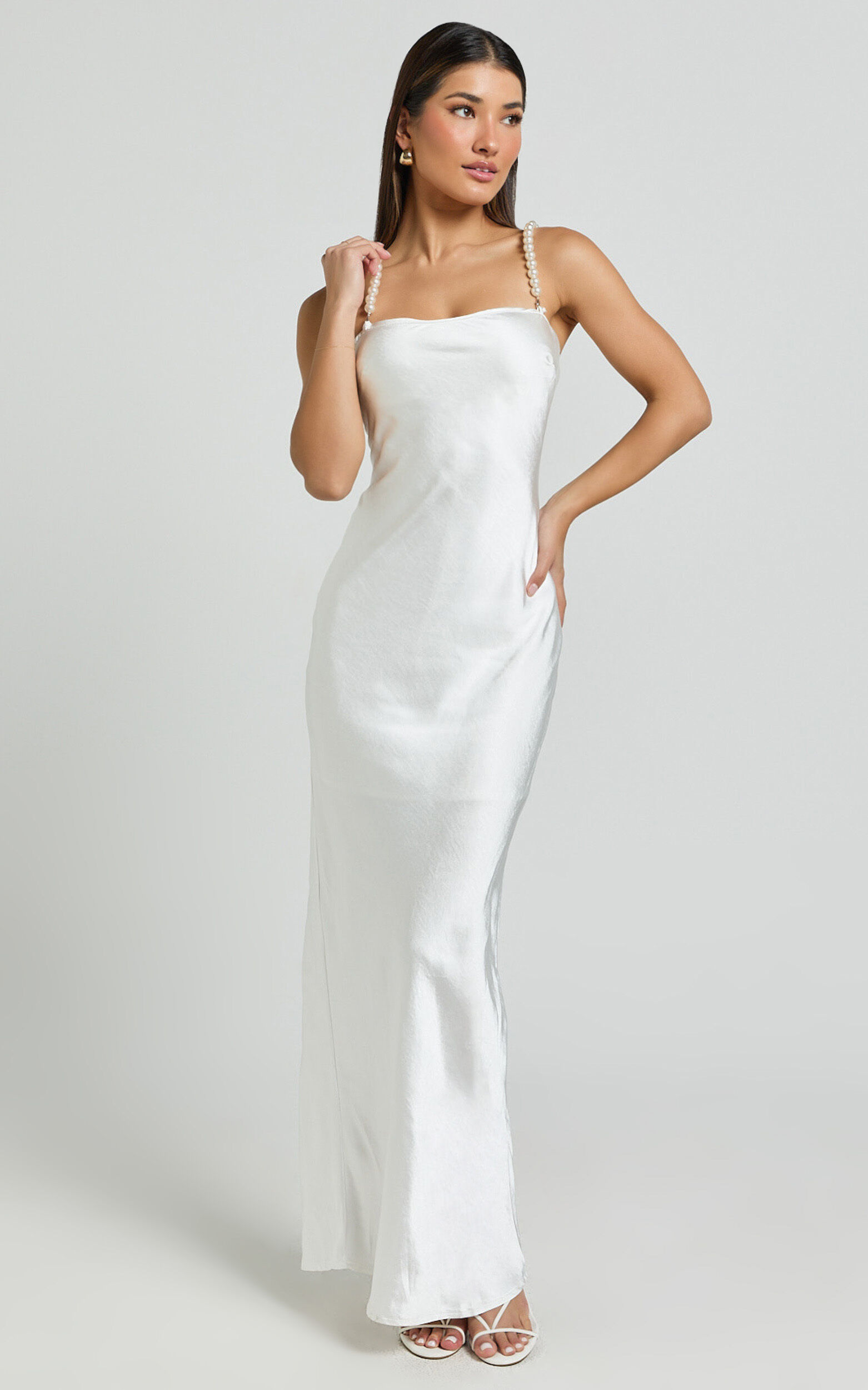 Beth Midi Dress - Pearl Detail Strap Straight Neck Slip Dress in White