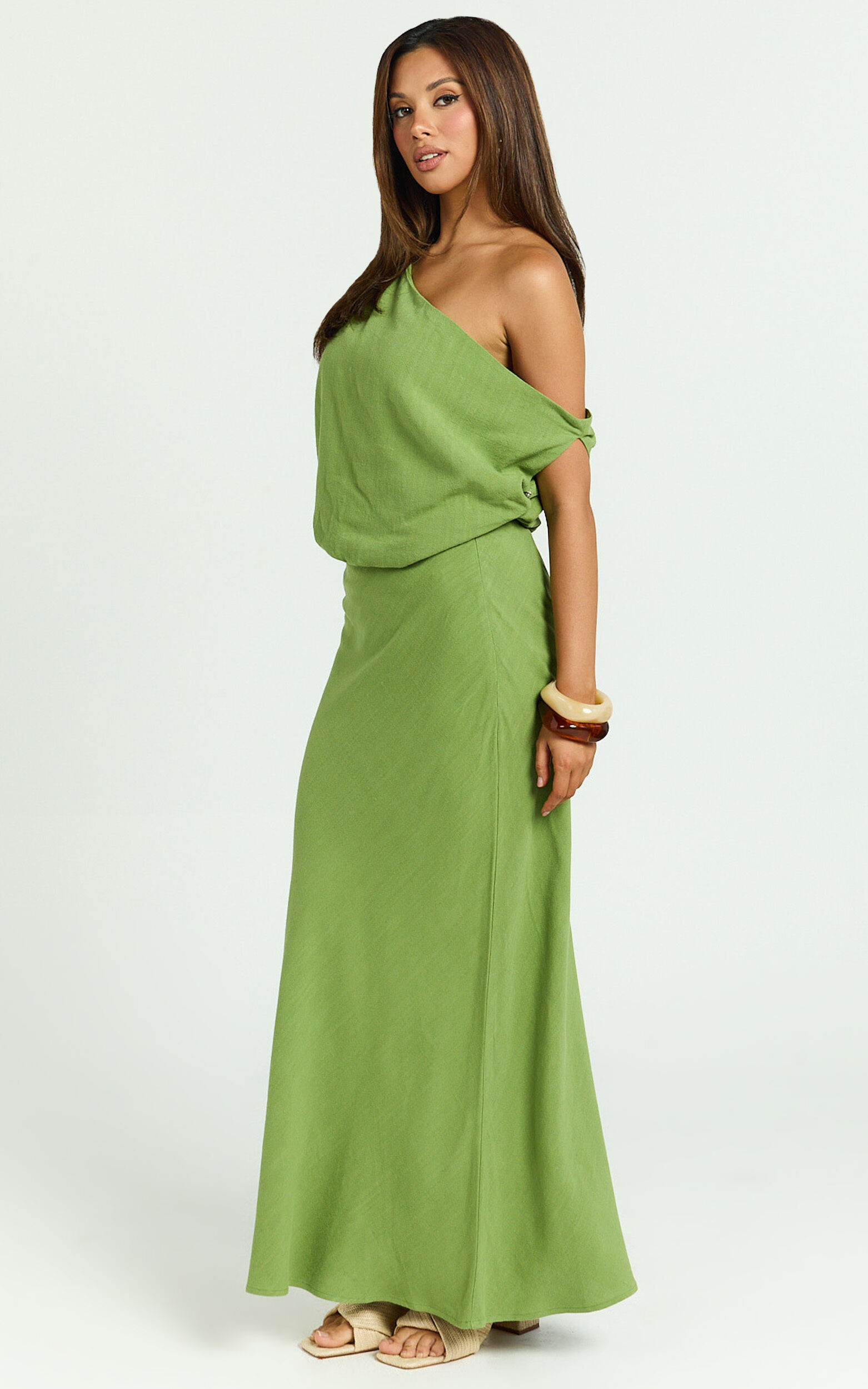 Jacqueline Midi Dress - Linen One Shoulder Dress in Green