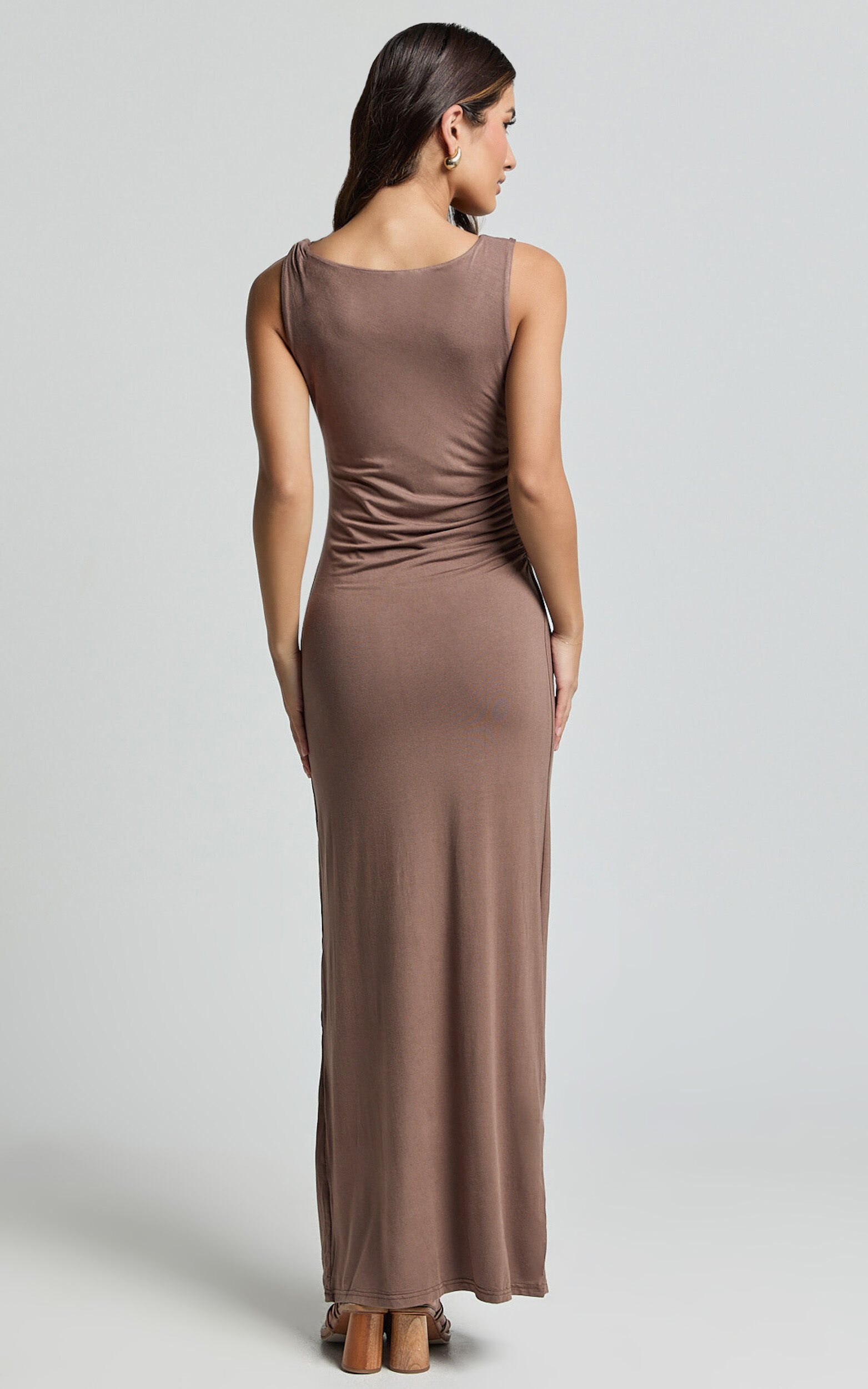 Aisha Maxi Dress - Sleeveless Twist Strap Bodycon Dress in Chocolate