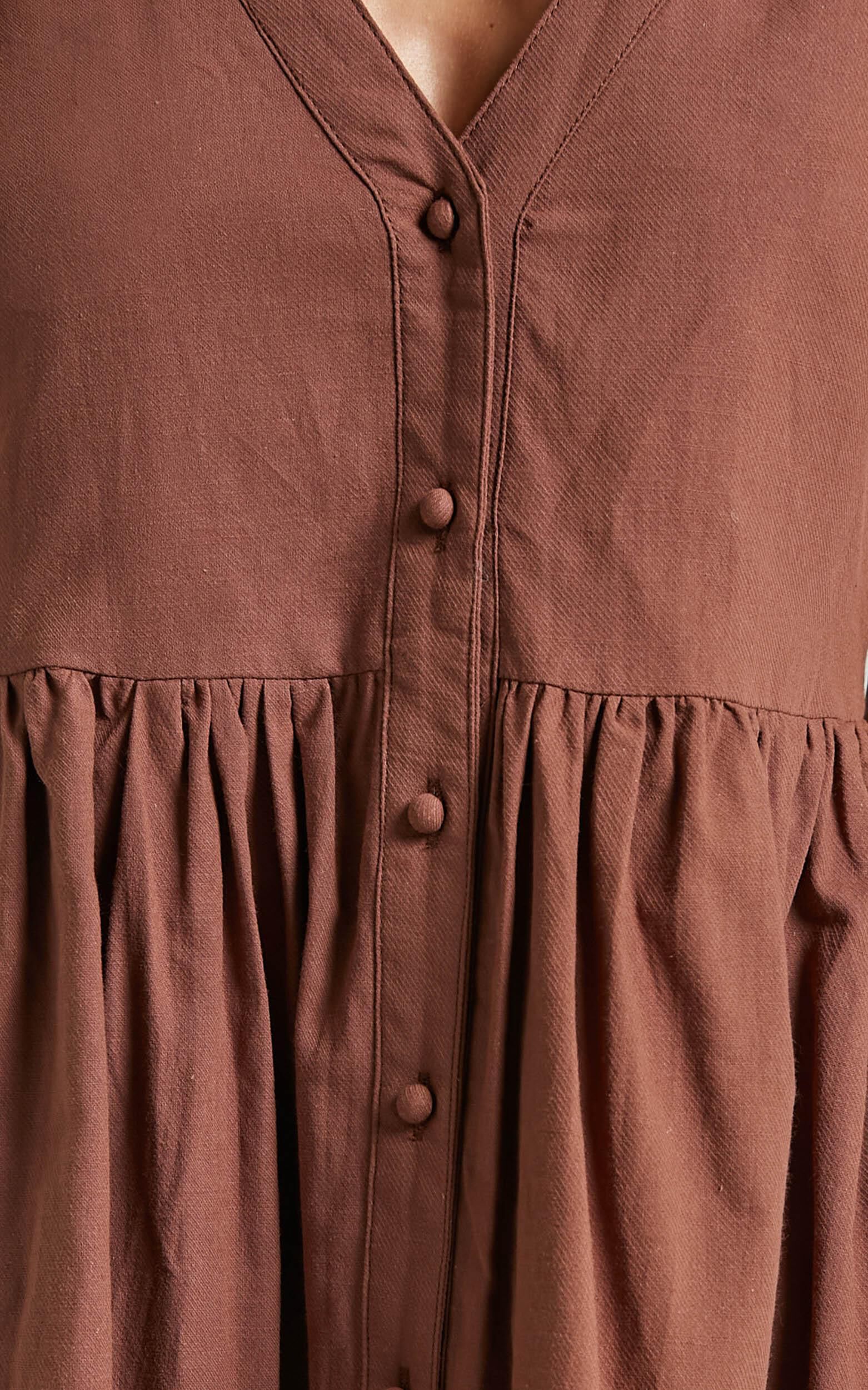 Staycation Mini Dress - Smock Button Up Dress in Chocolate