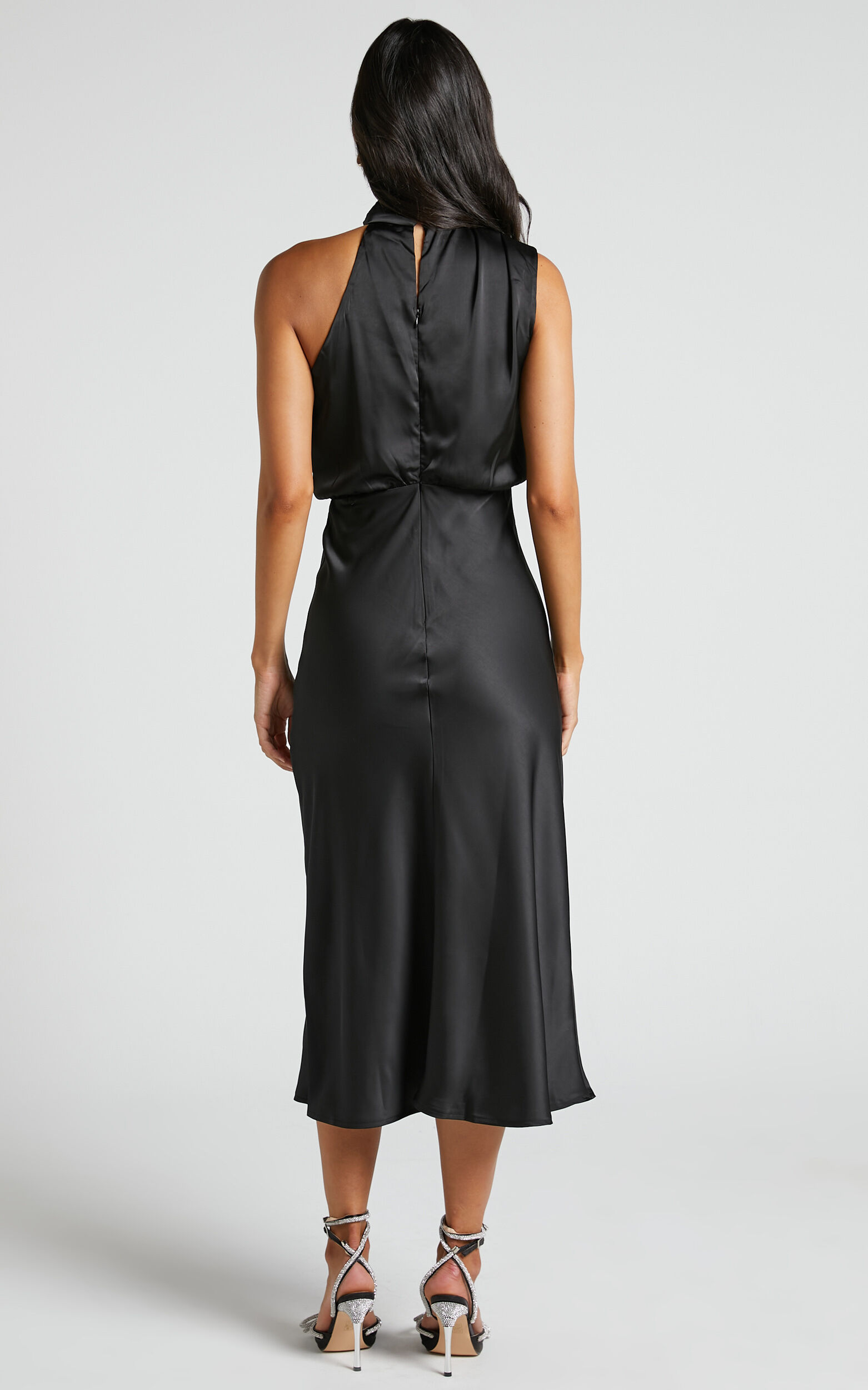 Minnie Midi Dress - Drape Neck Satin Slip Dress in Black