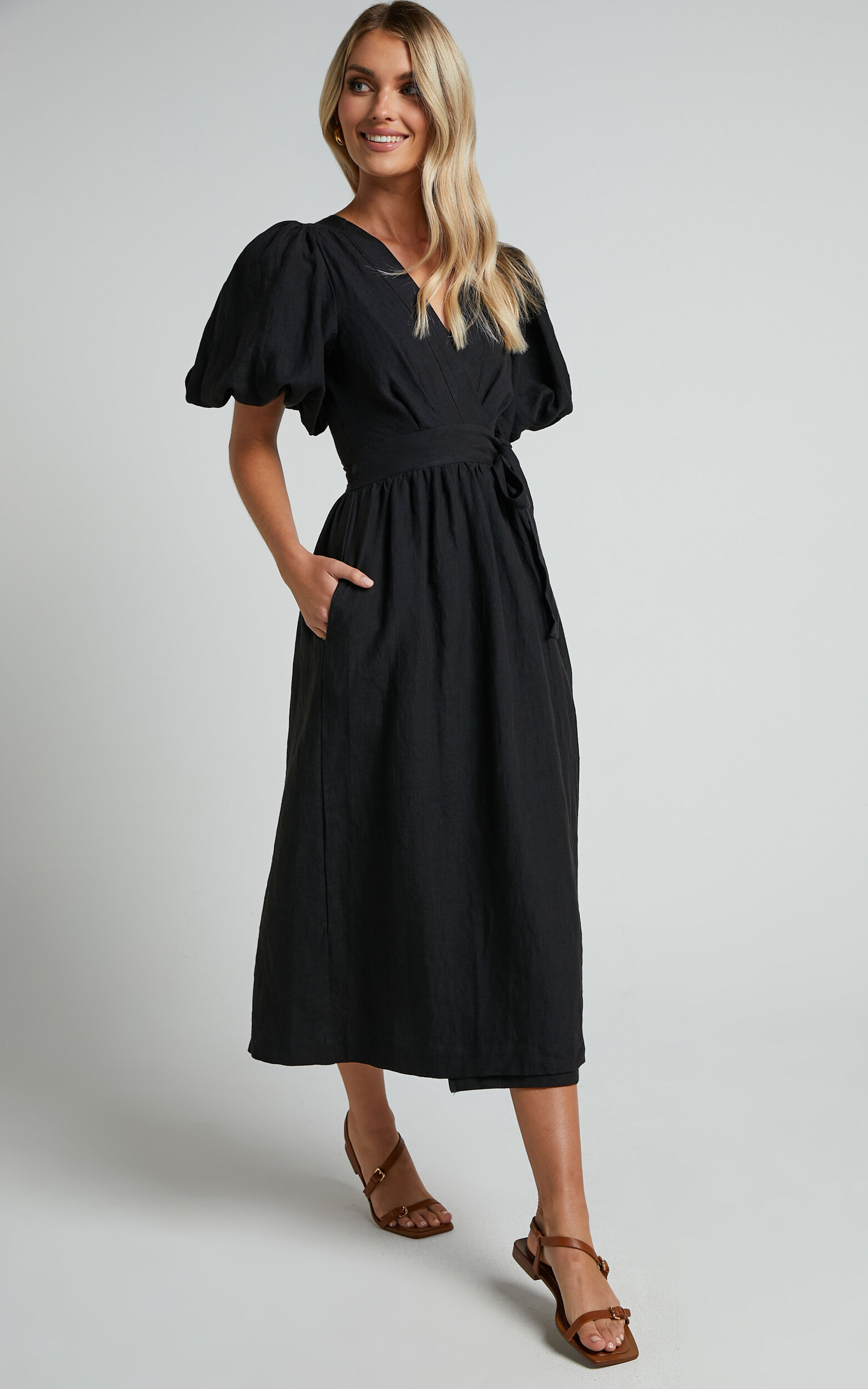 Amalie The Label - Franc Linen Puff Sleeve Wrap Midi Linen Dress in Black
