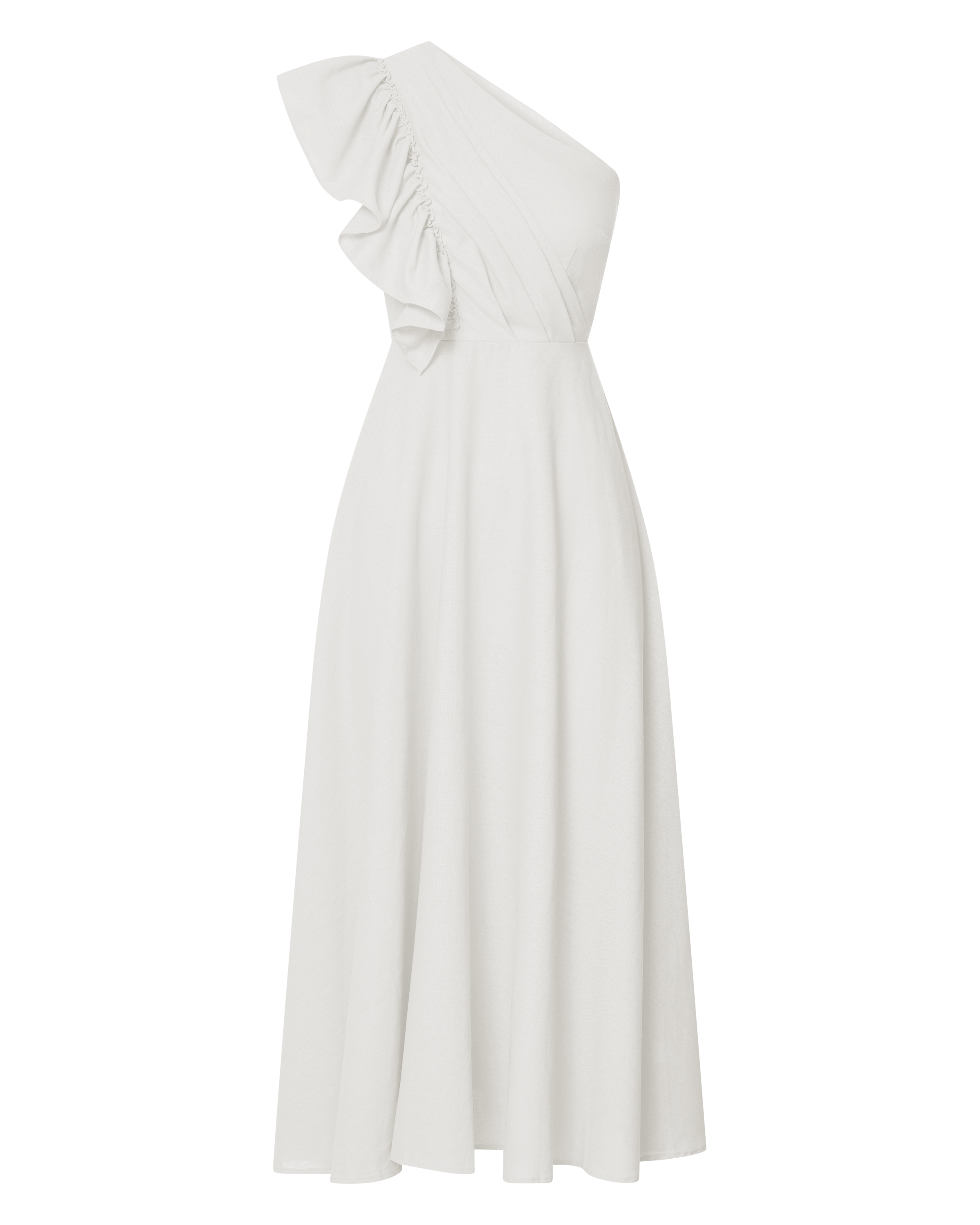 Dixie Midi Dress - Linen Look One Shoulder Ruffle Dress in White