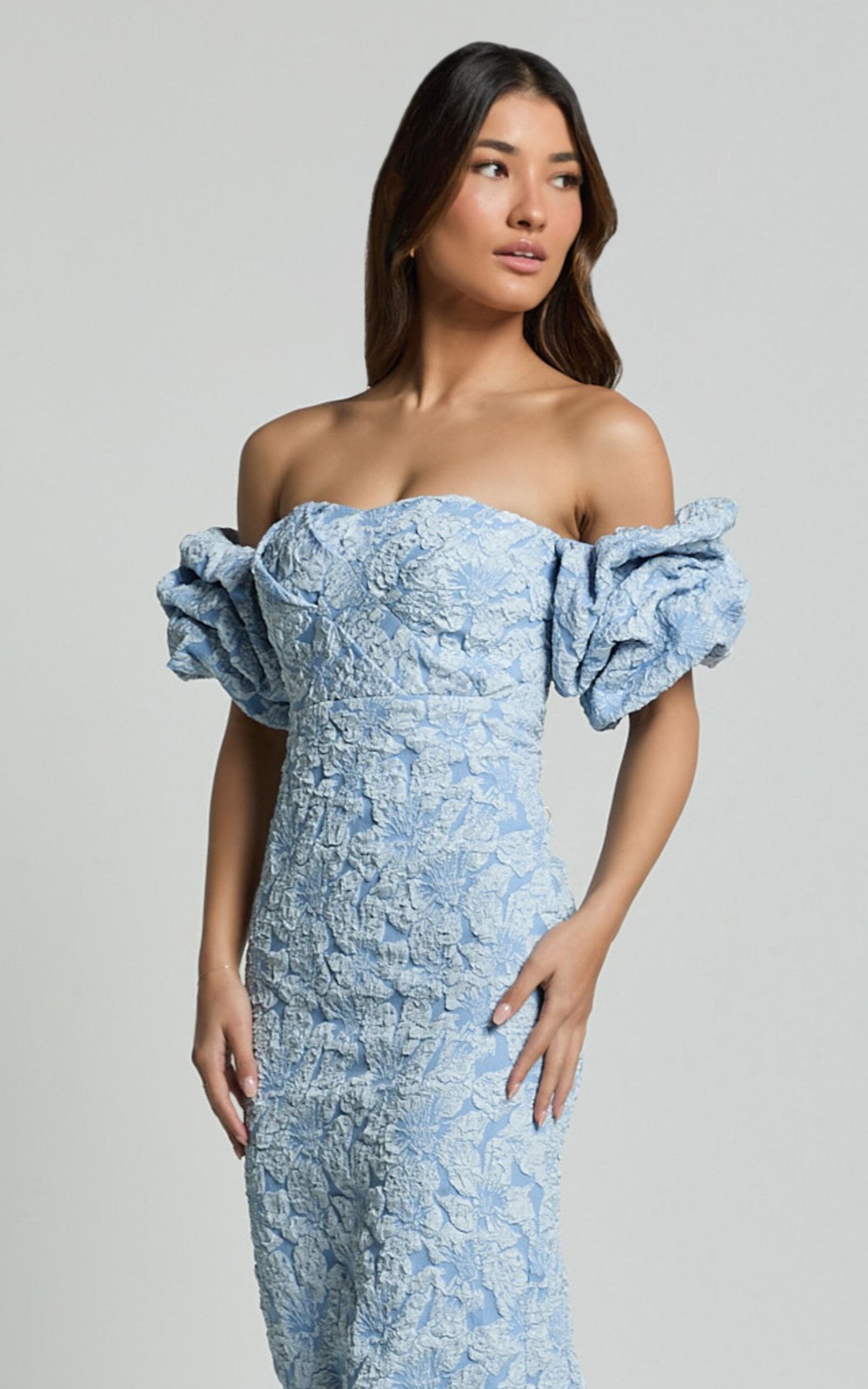 Brielle Midi Dress - Off the Shoulder Short Sleeve Sweetheart Dress in Soft Blue