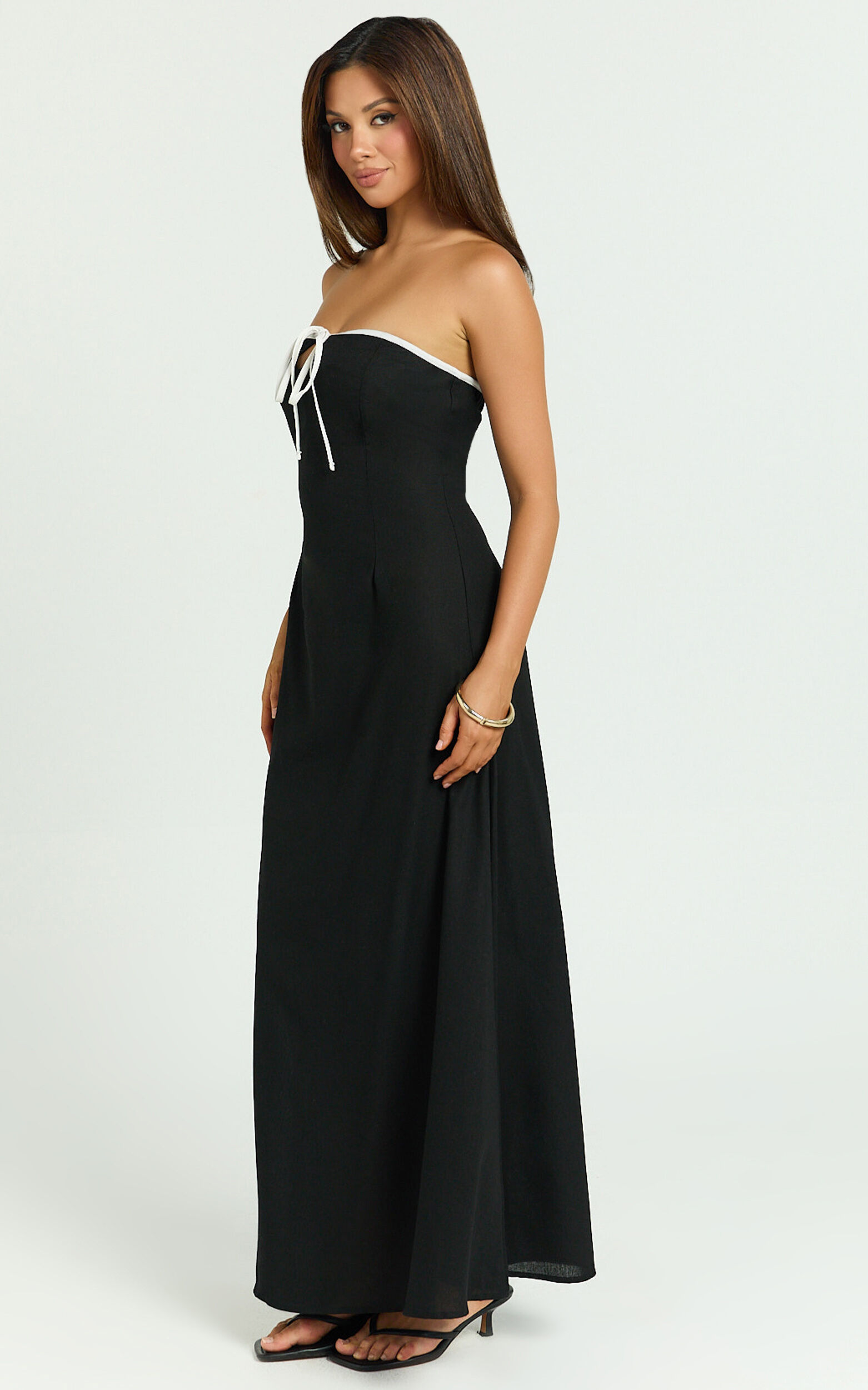 Lashara Maxi Linen Dress - Strapless Contrast Dress in Black
