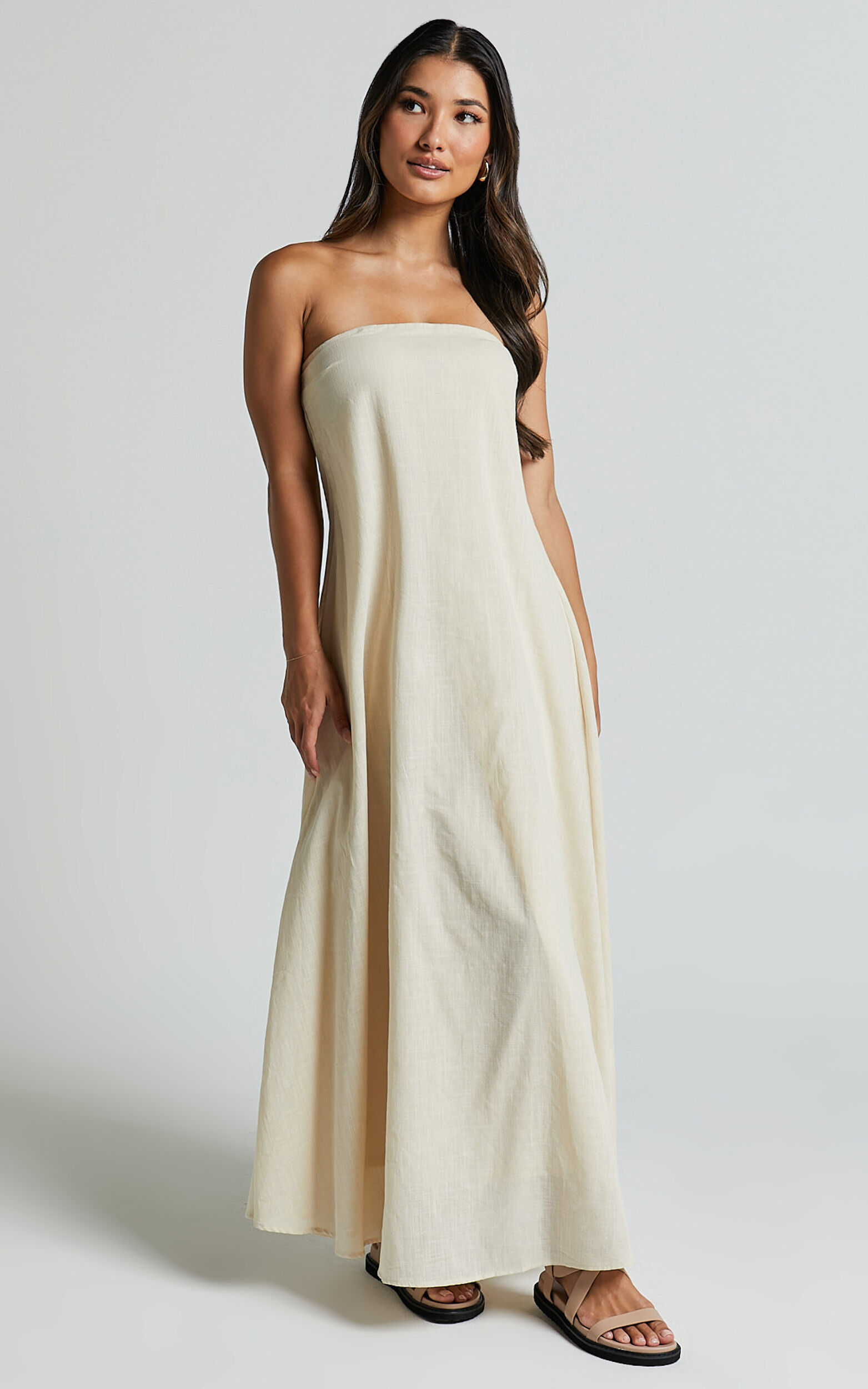 Adessa Maxi Linen Dress - Strapless A Line Dress in Beige
