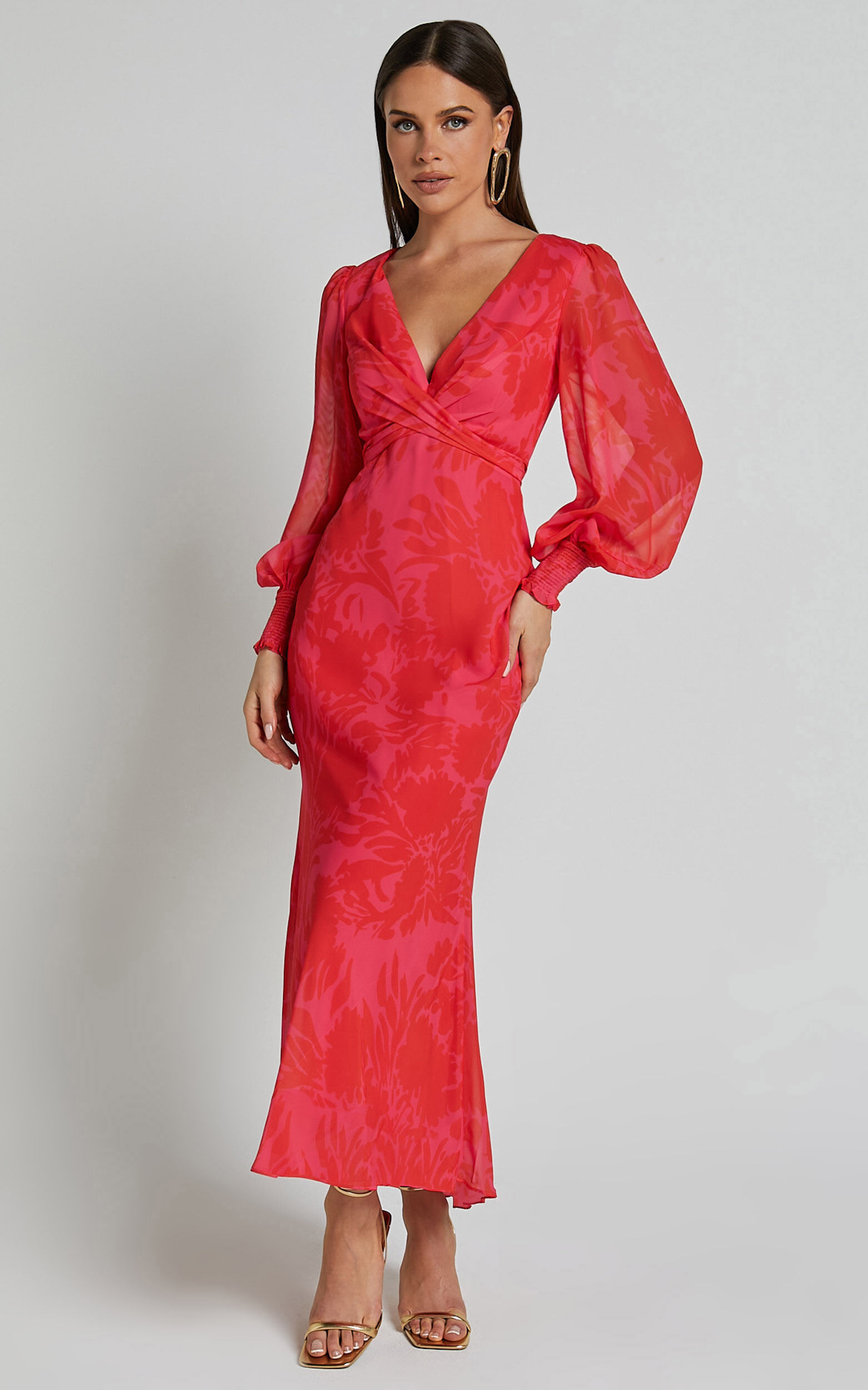 Claude Midi Dress - Deep V Neck Long Sleeve Slip Dress in Print