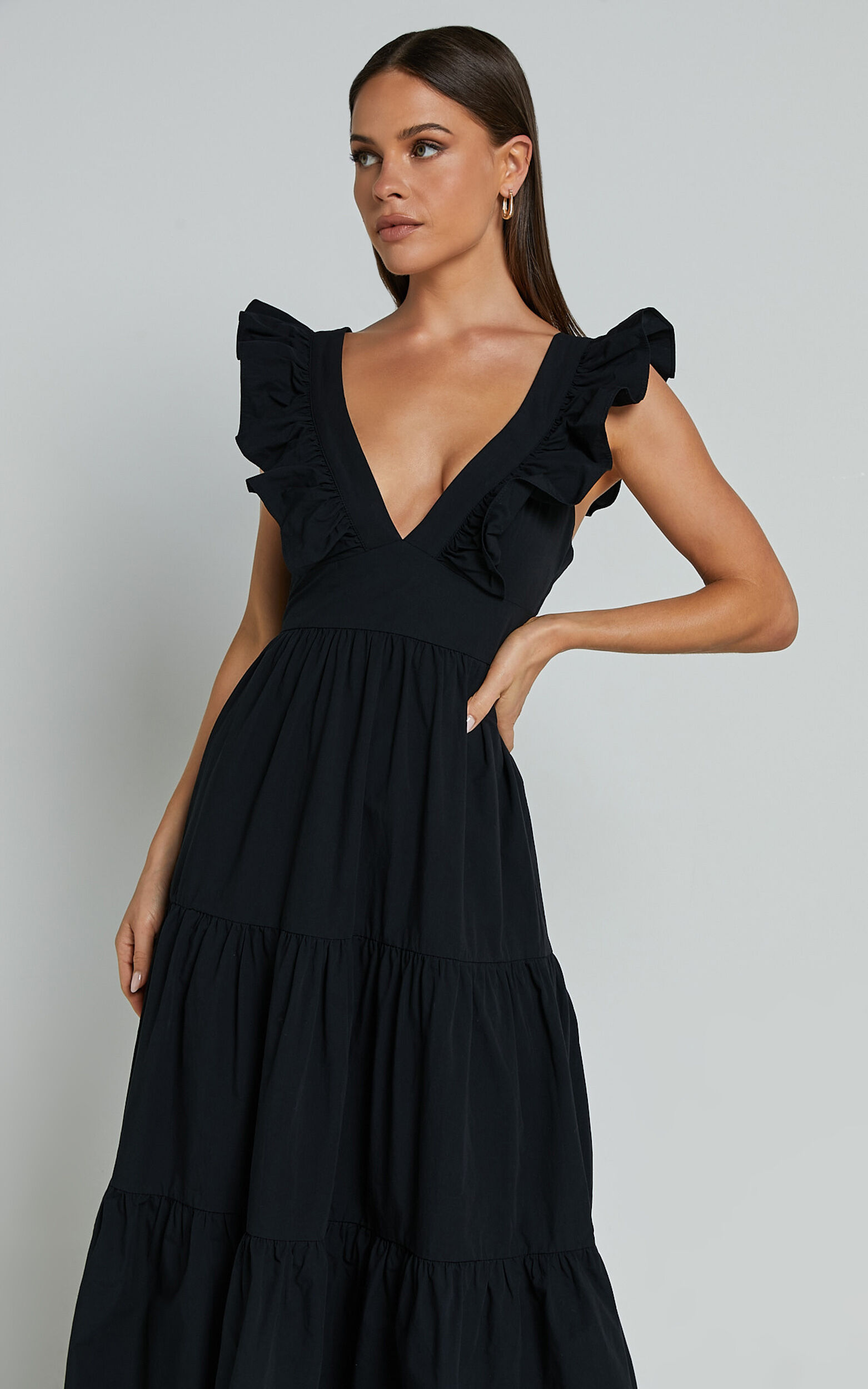 Levona Midi Dress - Ruffle Shoulder Tiered Dress in Black