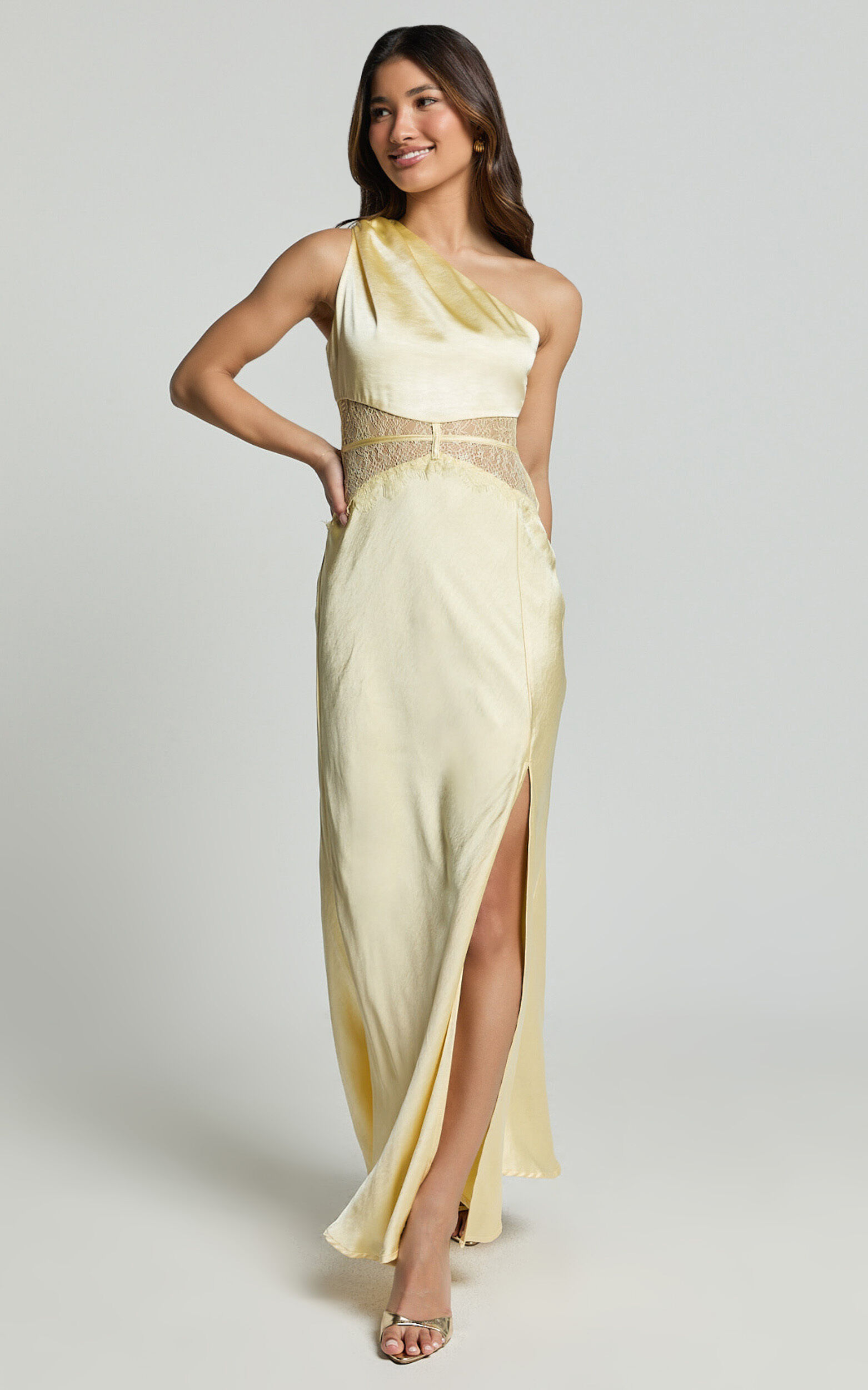 Estella Midi Dress - Asymmetrical Lace Detail Waist Slip Dress in Butter
