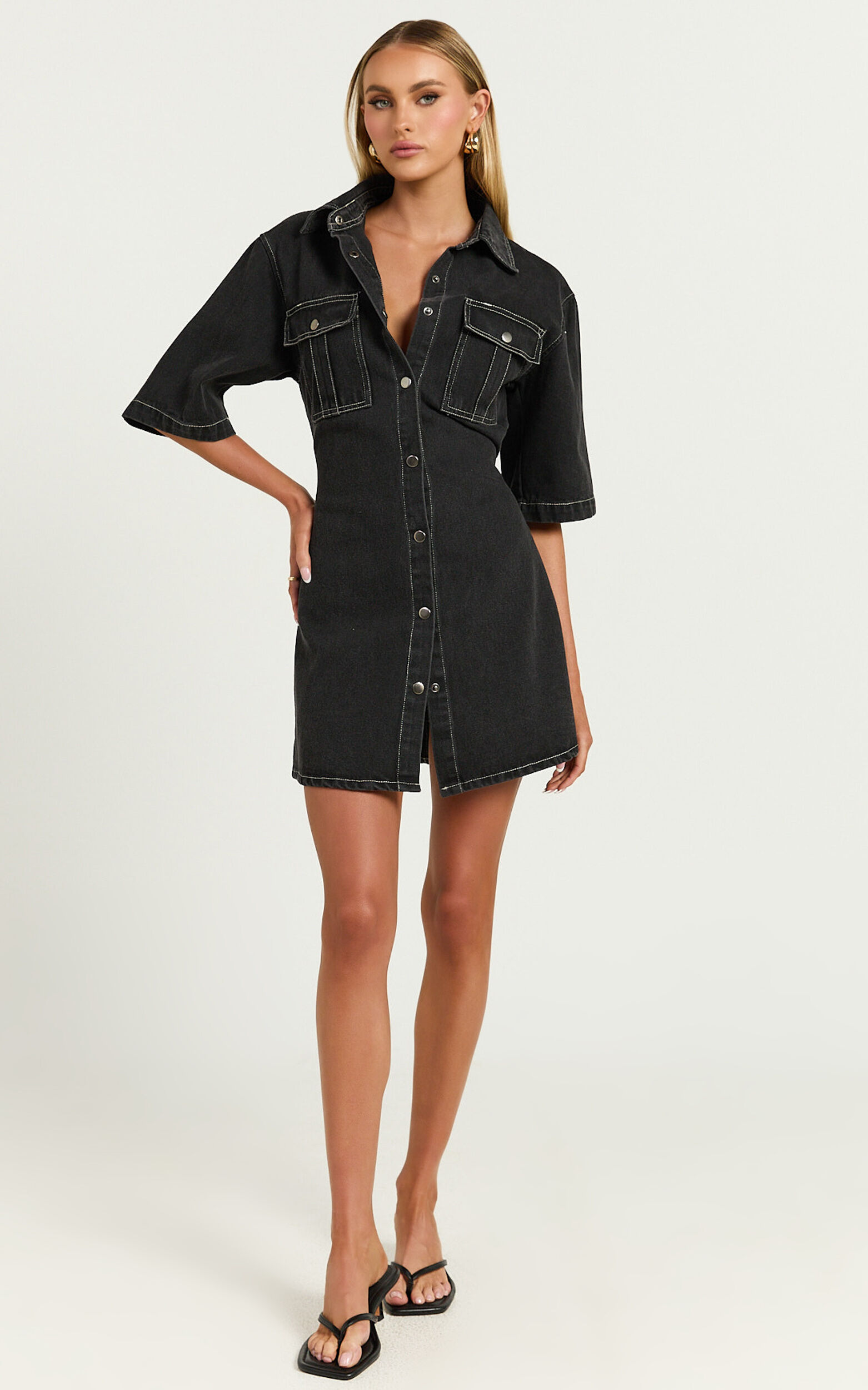 Leilani Mini Dress - Denim Short Sleeve Button Up Dress in Washed Black