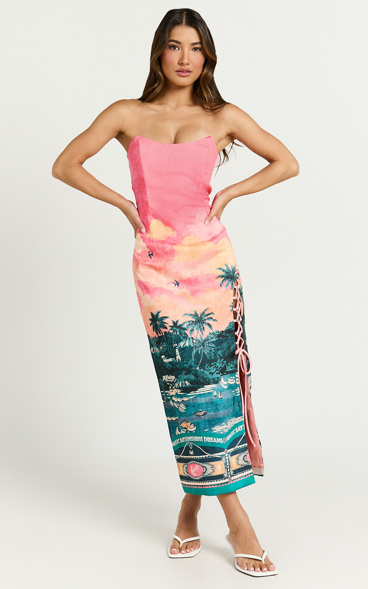 Amalie The Label - Leesha Strapless Fitted Split Leg Midi Dress in Island Sunset Print