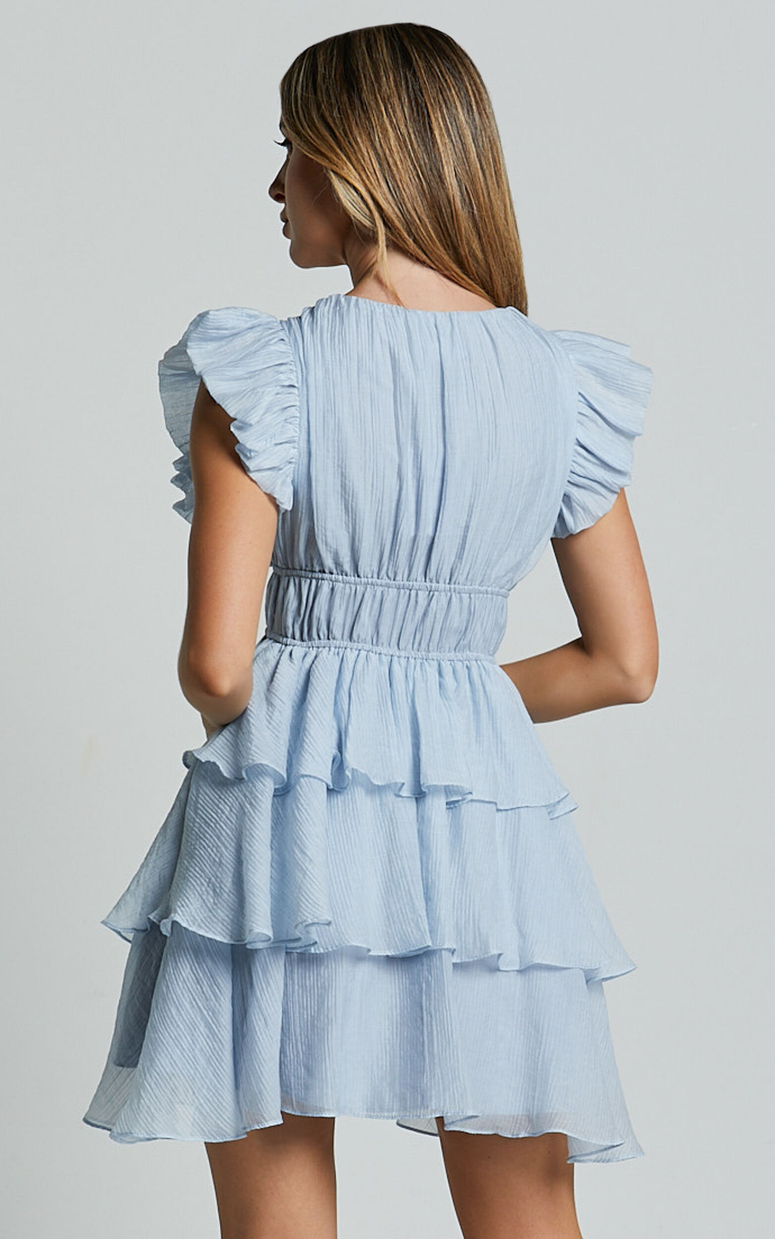 Elbertine Mini Dress - Flutter Sleeve Pleated Dress in Pale Blue