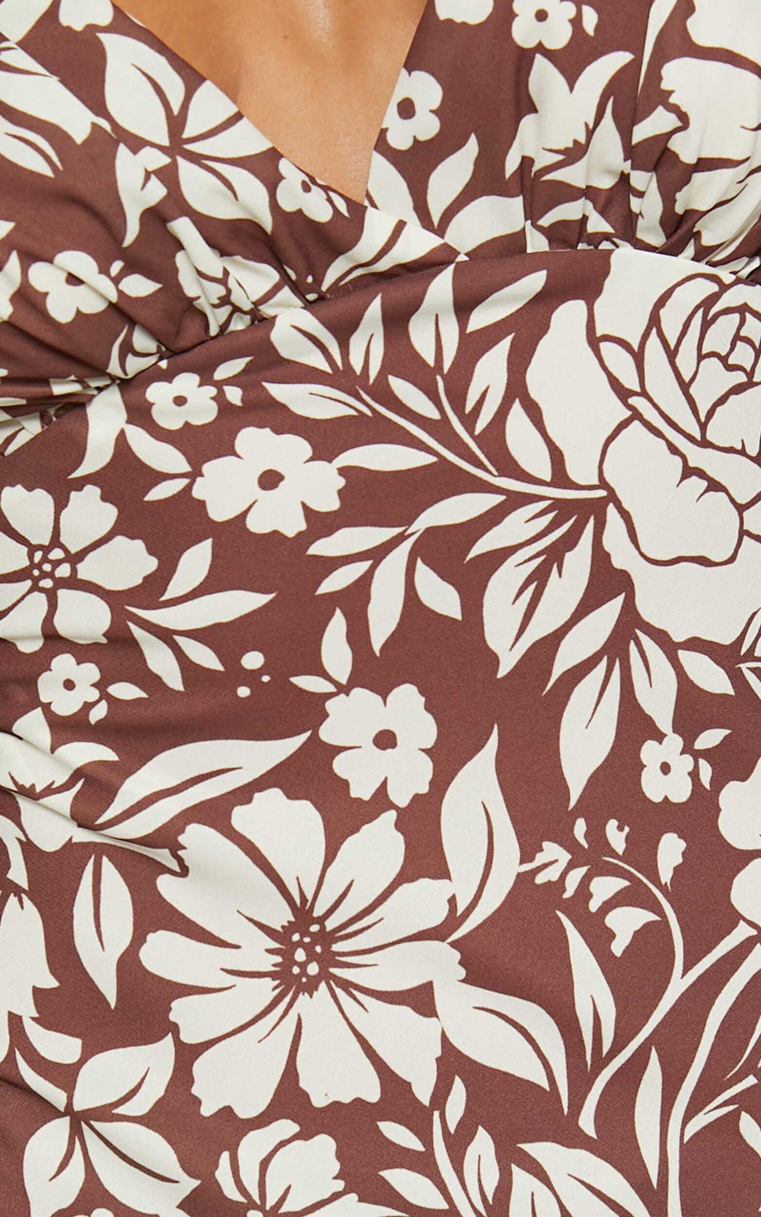 Mauriel Midi Dress - Deep V Gathered Bust Slip Dress in Brown Floral