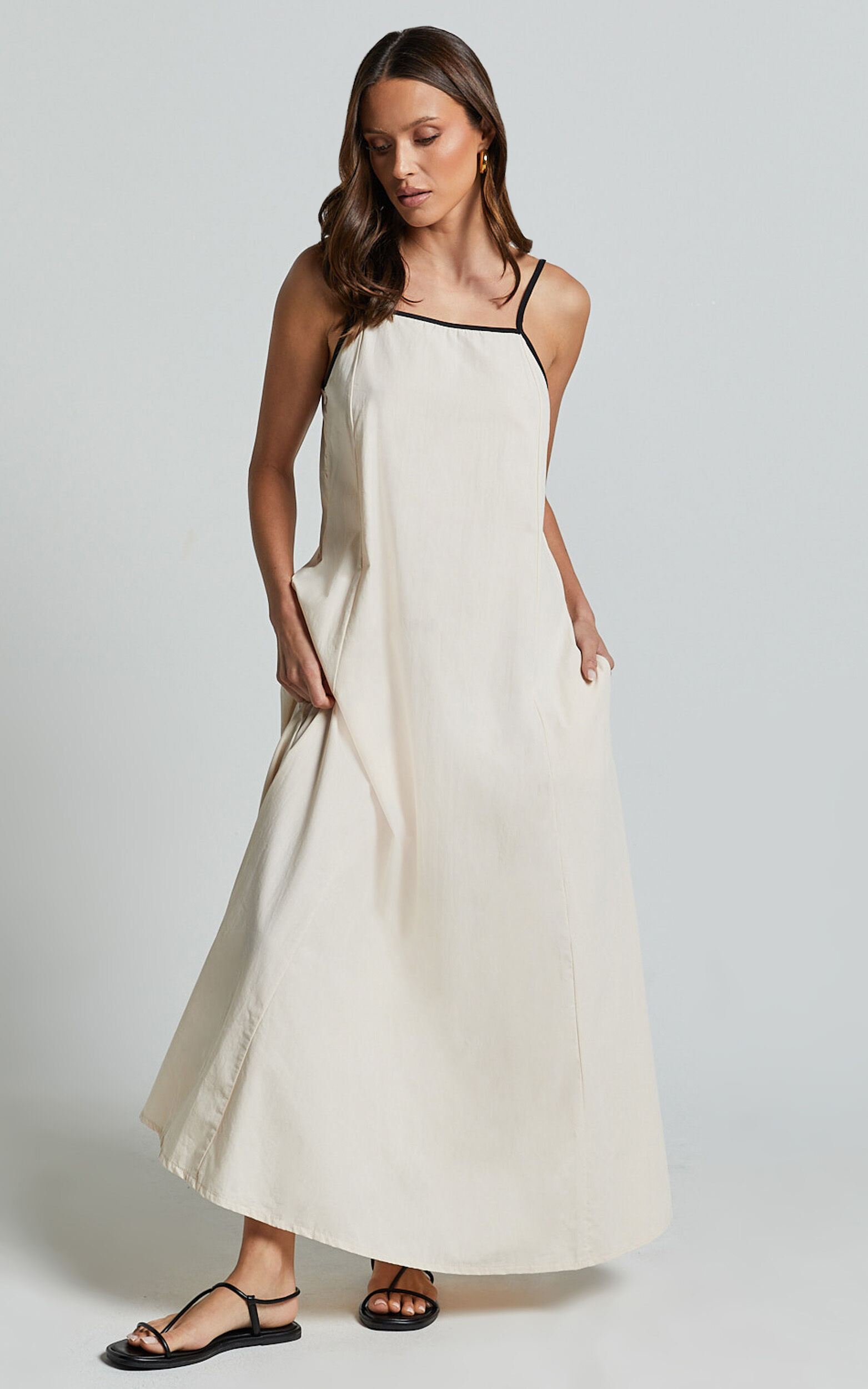 Angelina Midi Dress - Straight Neck Sleeveless A Line Dress in Natural