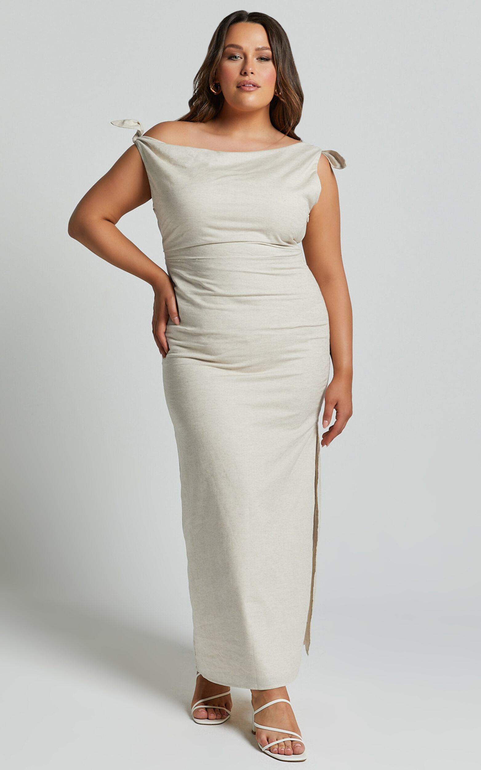 Cincinnati Midi Dress - Off The Shoulder Side Split Column Linen Dress in Beige