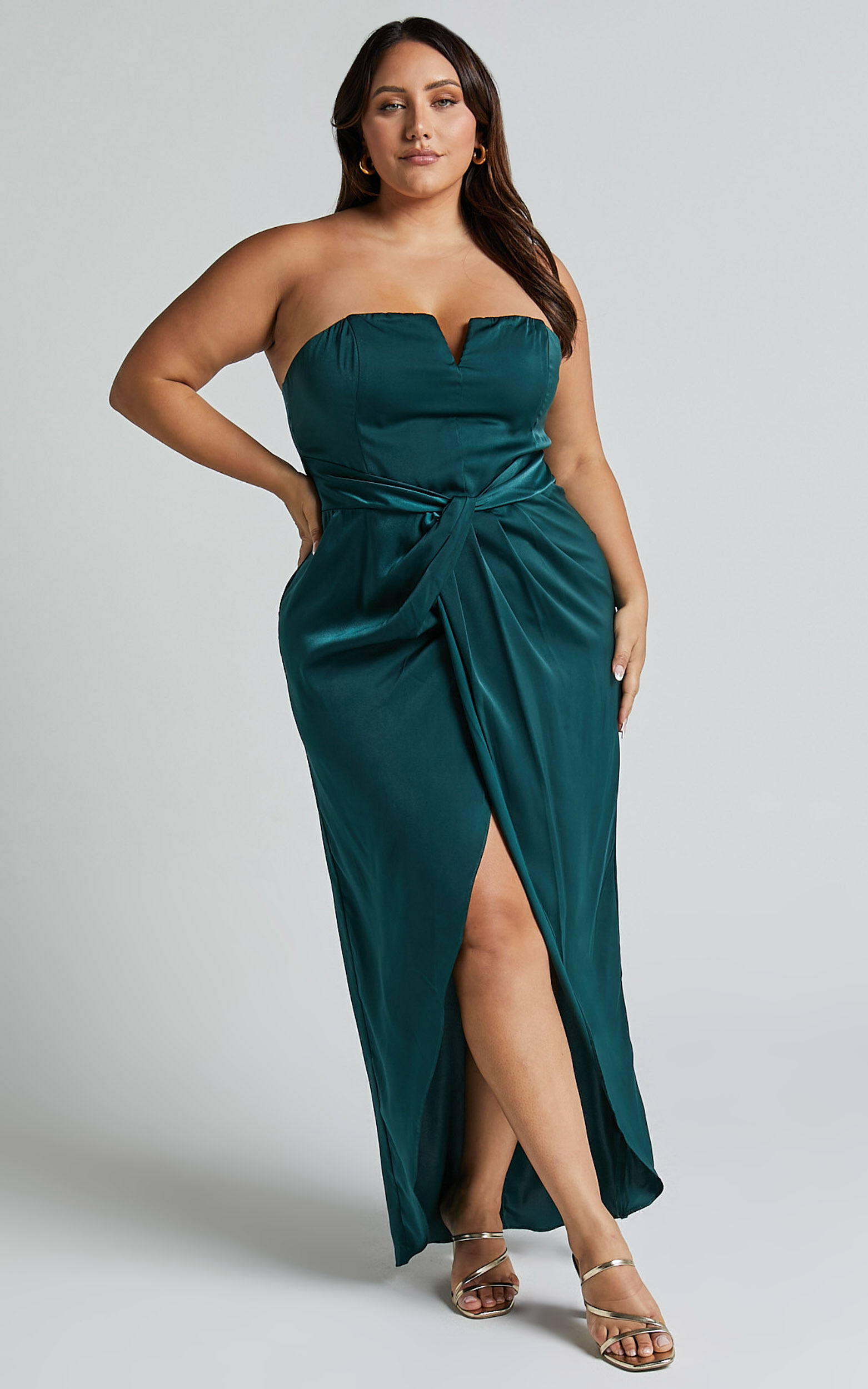 Rhyanna Maxi Dress - Twist Front Strapless Dress in Emerald