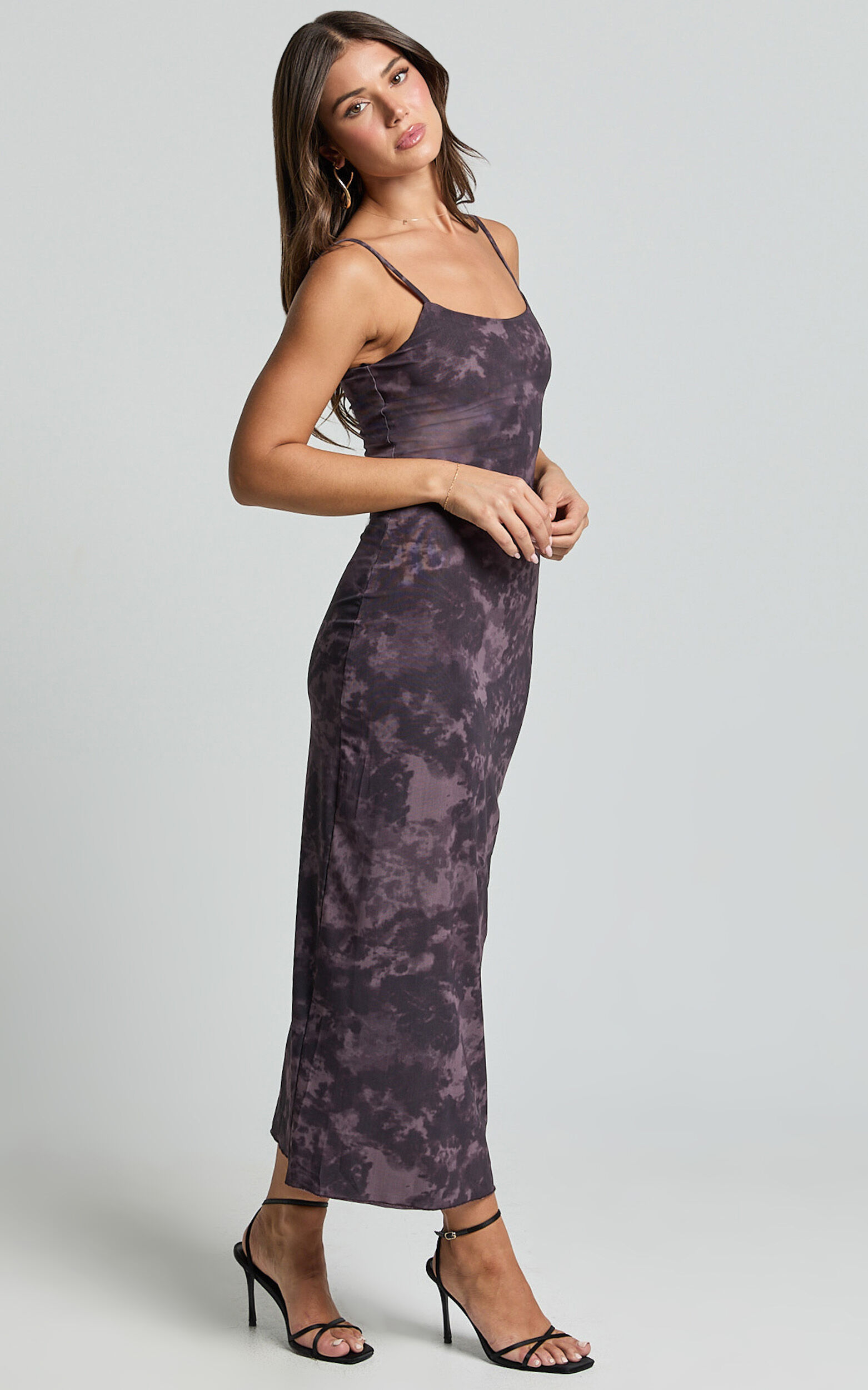 Teagan Midi Dress - Strappy Mesh Slip Dress in Plum