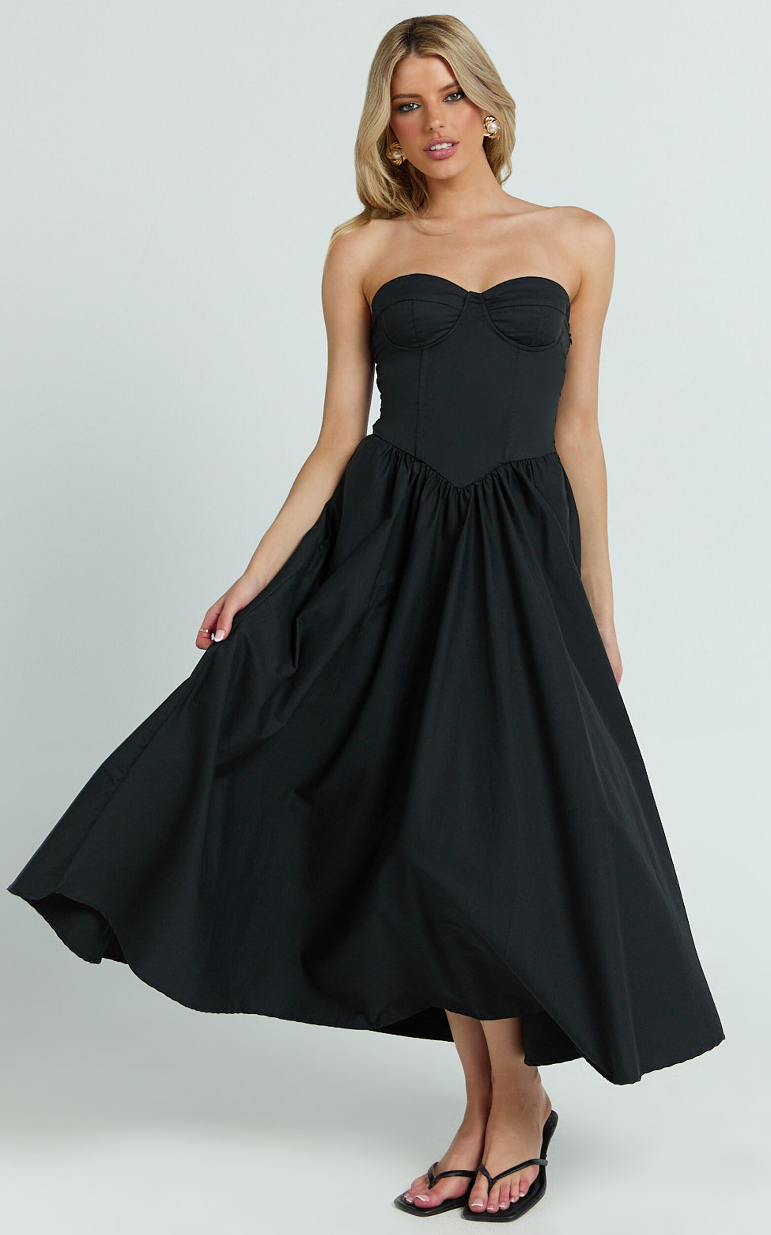 Daria Midi Dress - Strapless Corset Gathered Dress in Black