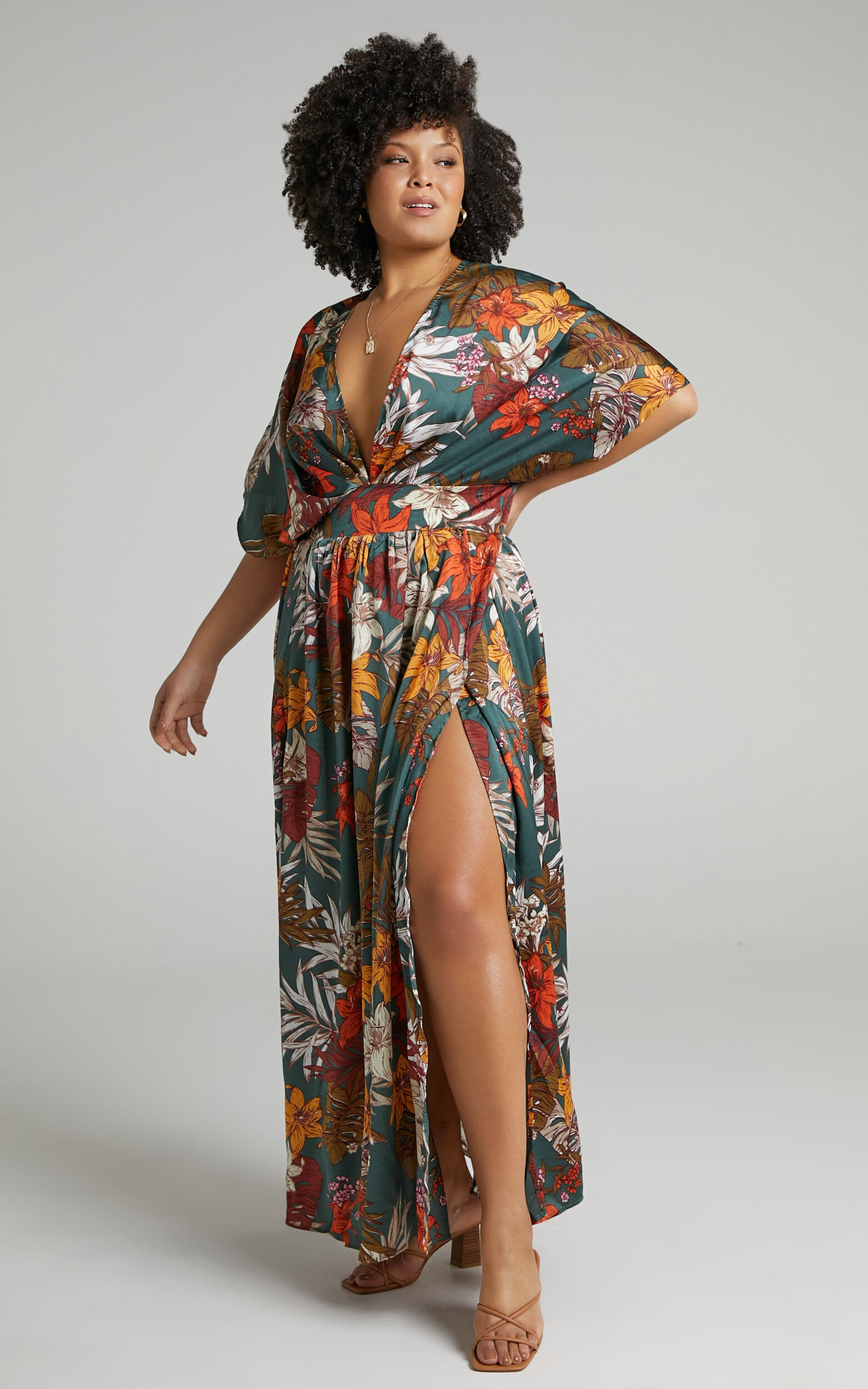 Vacay Ready Maxi Dress - Plunge Thigh Split Dress in Teal Floral Satin