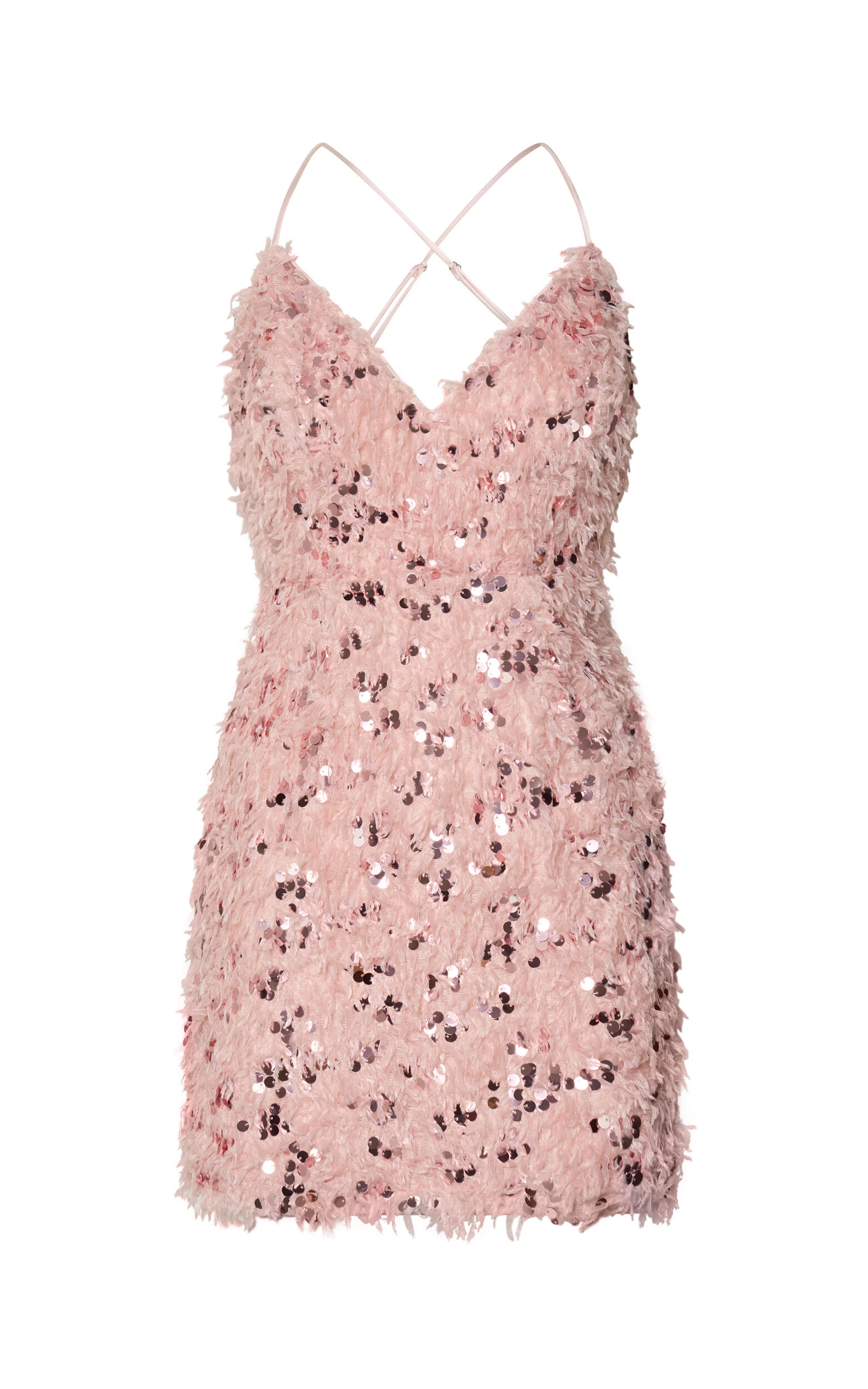 Spencer Mini Dress - Strappy V Neck Feather Sequin Dress in Light Pink