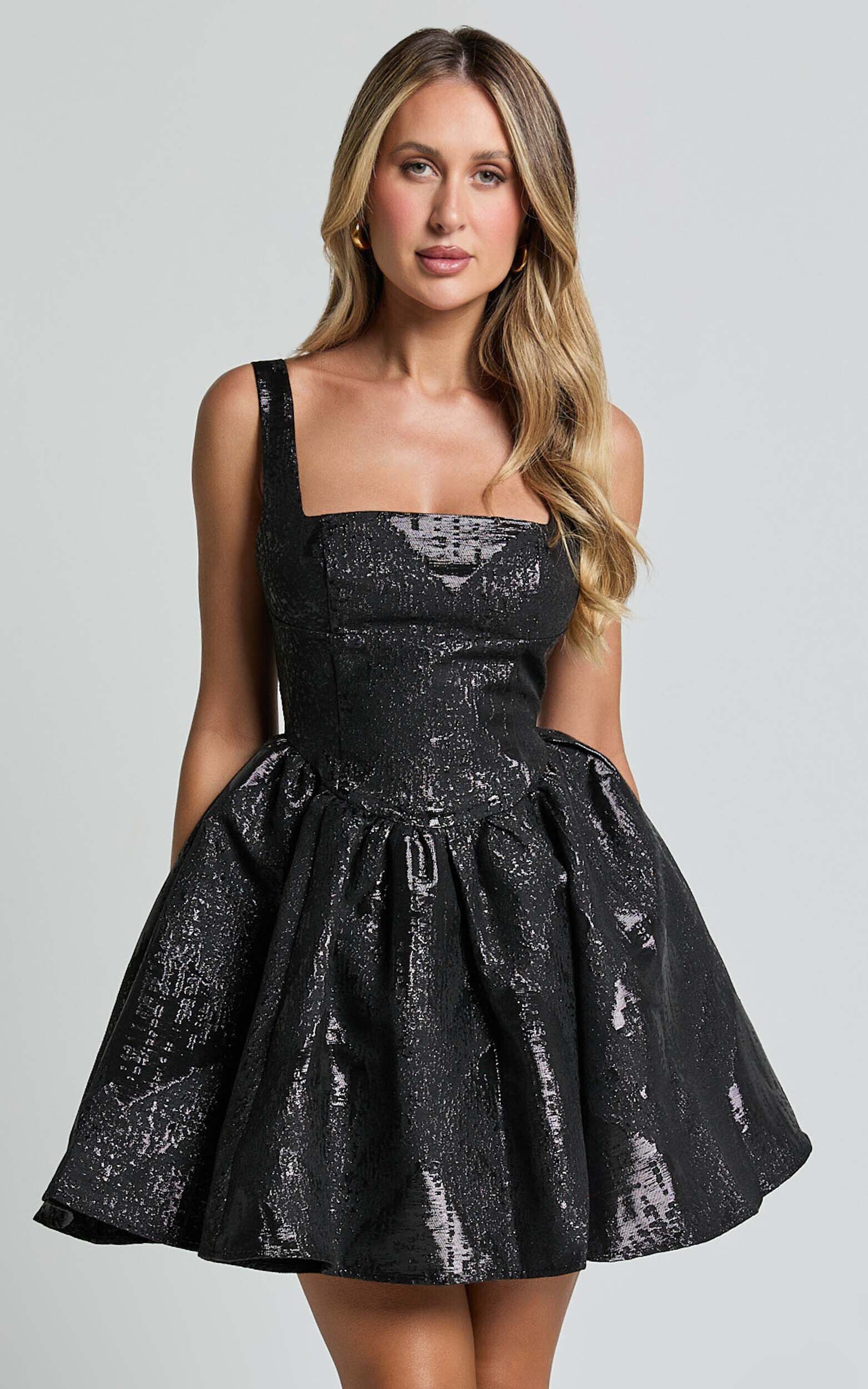 Andree Mini Dress - Metallic Jacquard Full Skirt Mini Dress in Black
