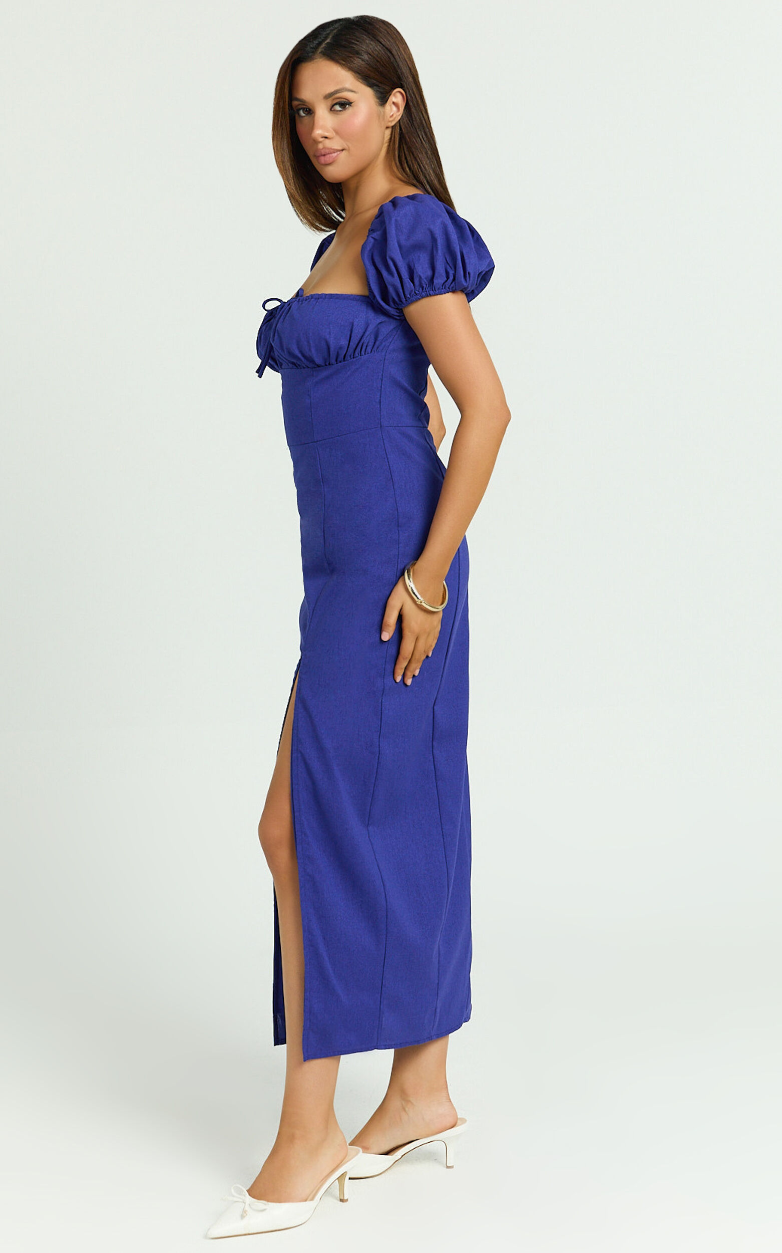 Robin Midi Linen Dress - Puff Sleeve High Split Dress in Navy