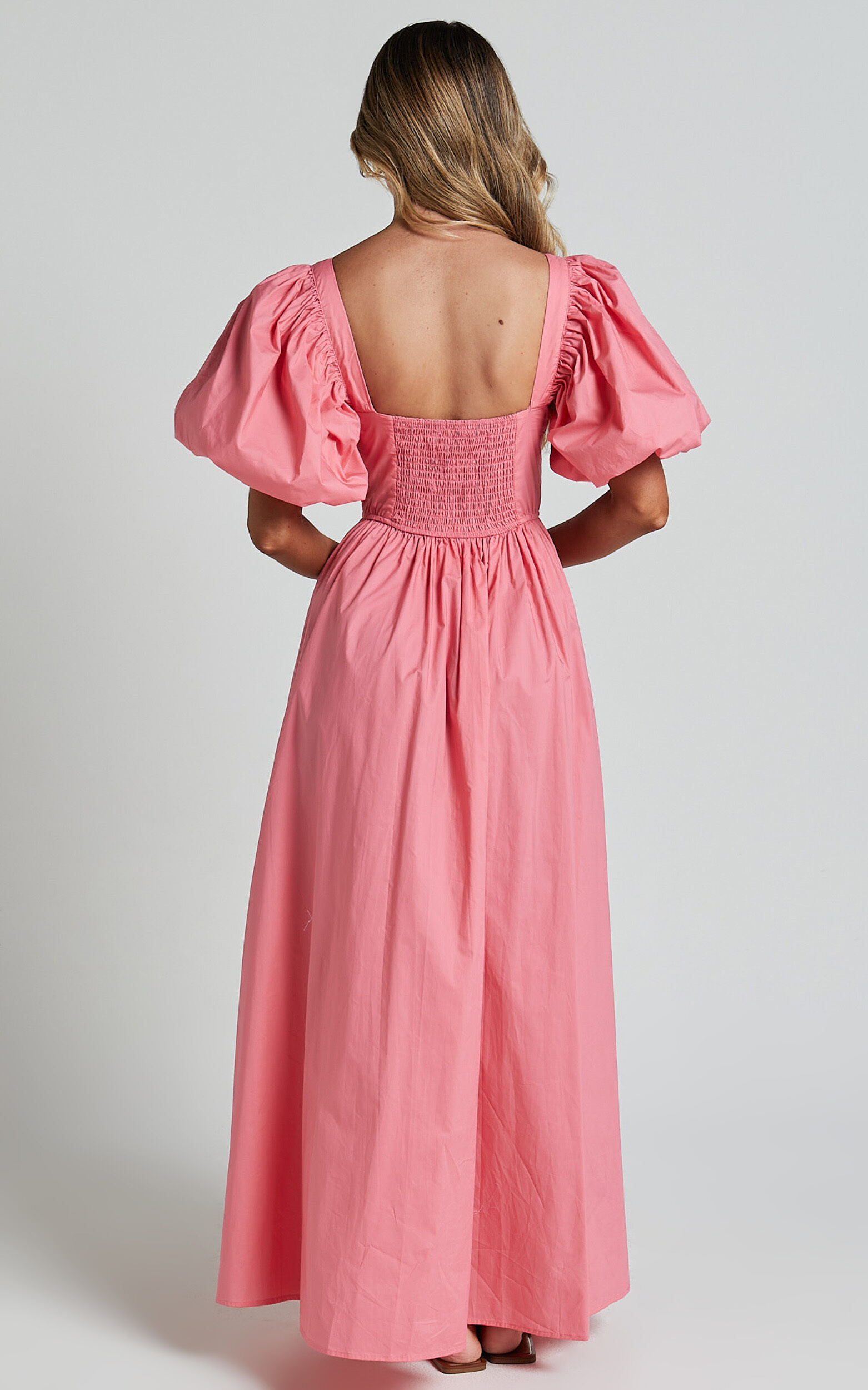 Raiza Midi Dress - Shirred Waist Puff Sleeve Dress in Coral Pink