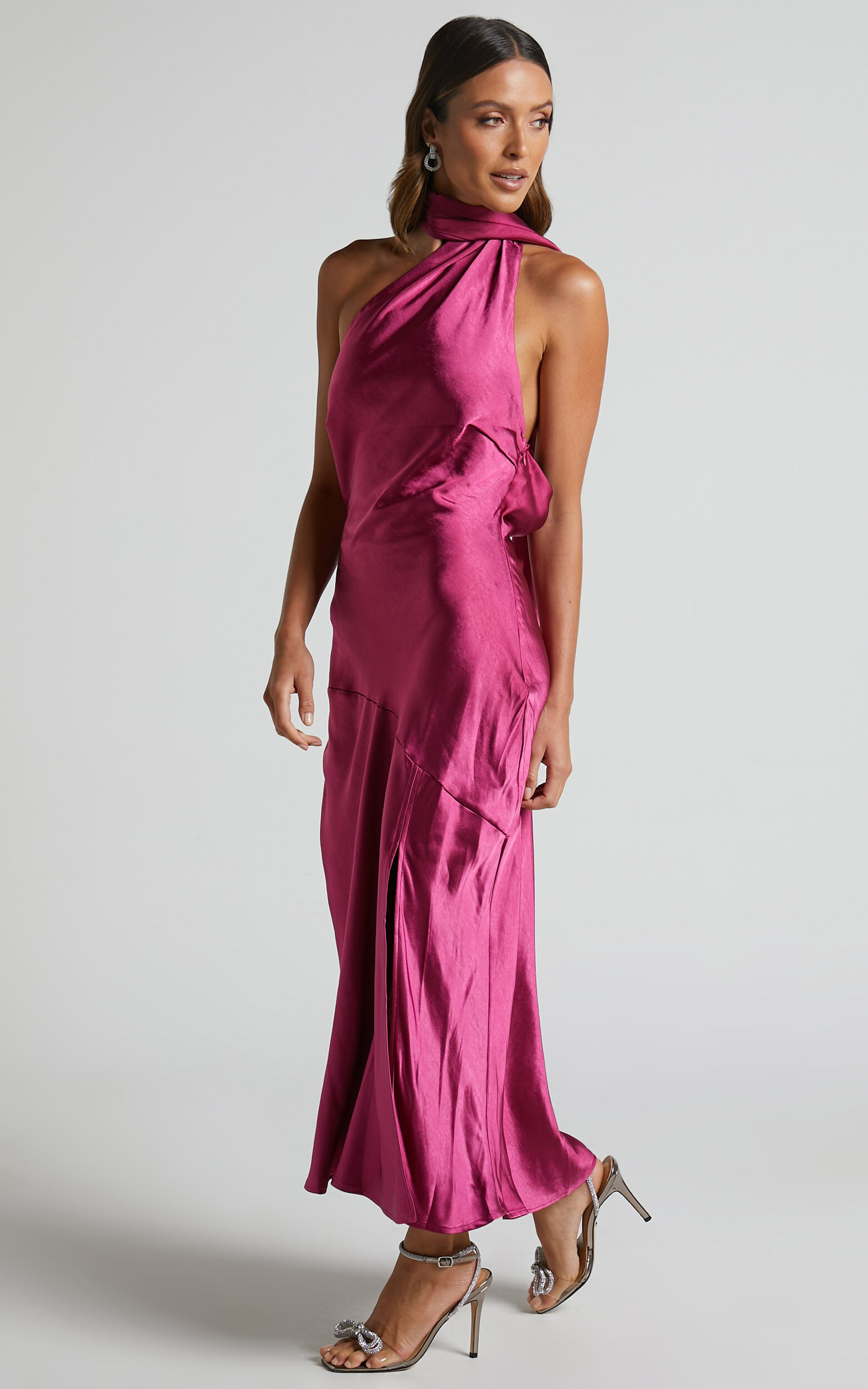 Evana Midi Dress - High Asymmetrical Neck Satin Slip Dress in FUSCHIA
