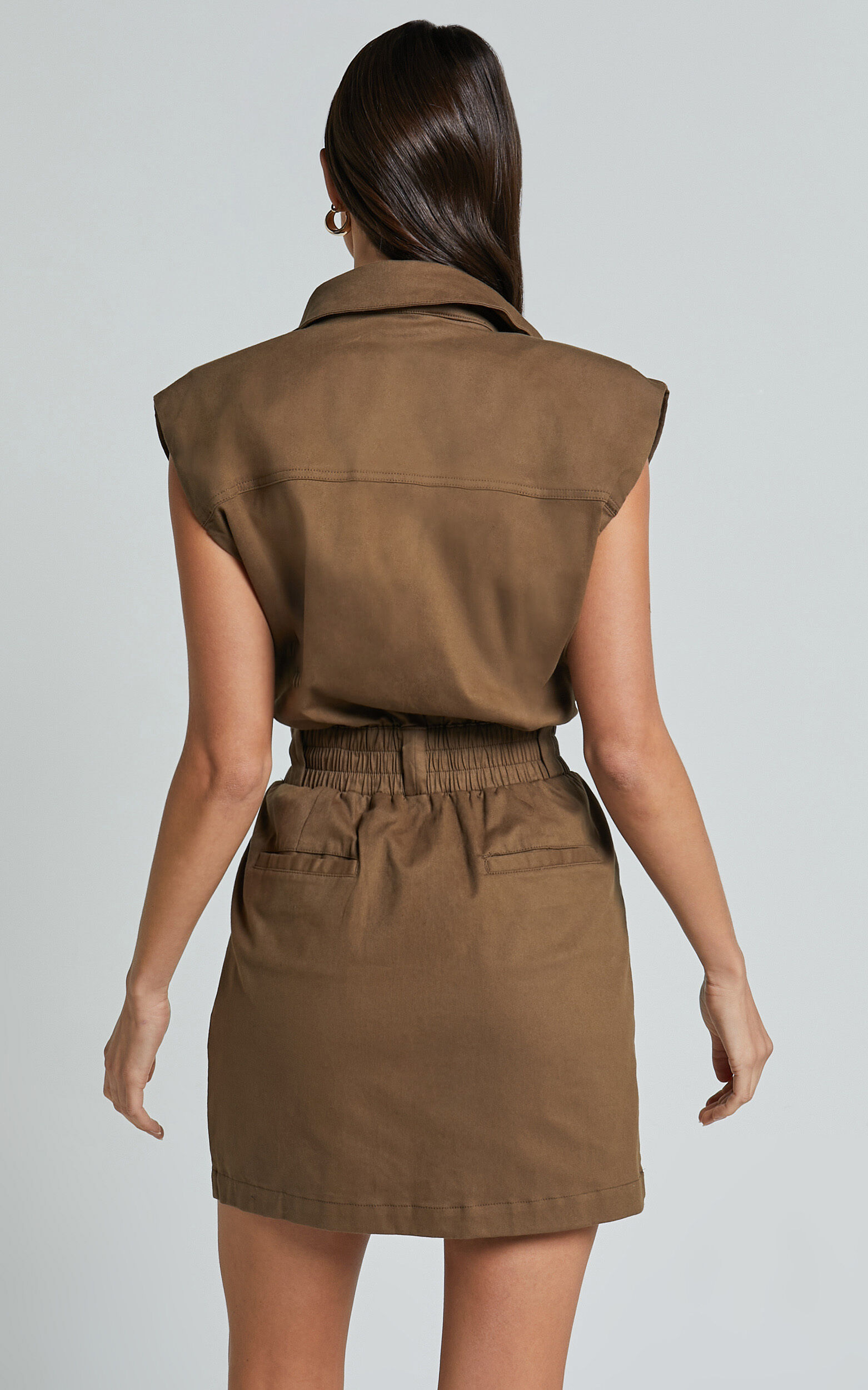 Dana Mini Dress - Collared Button Front Utility Dress in Khaki