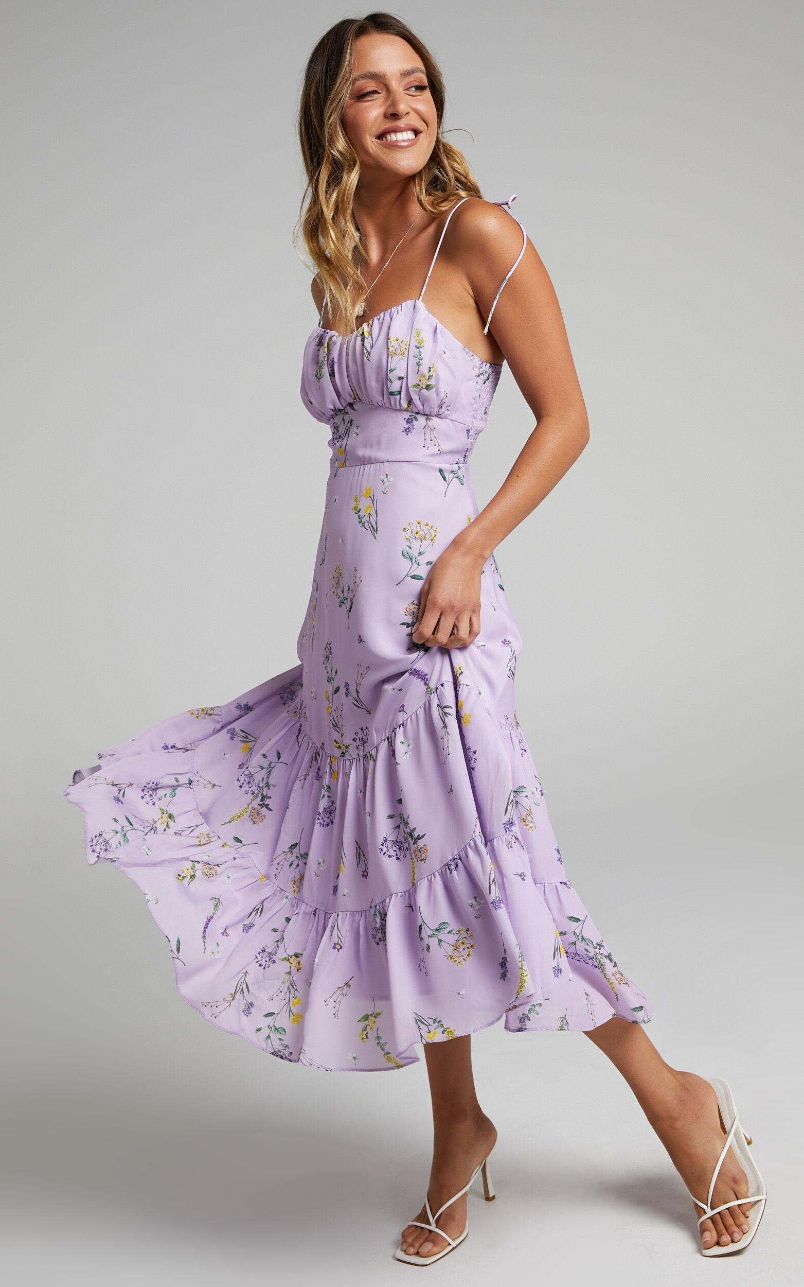 Monaco Midi Dress - Strappy Sweetheart Tiered Dress in Lavender Botanical Floral