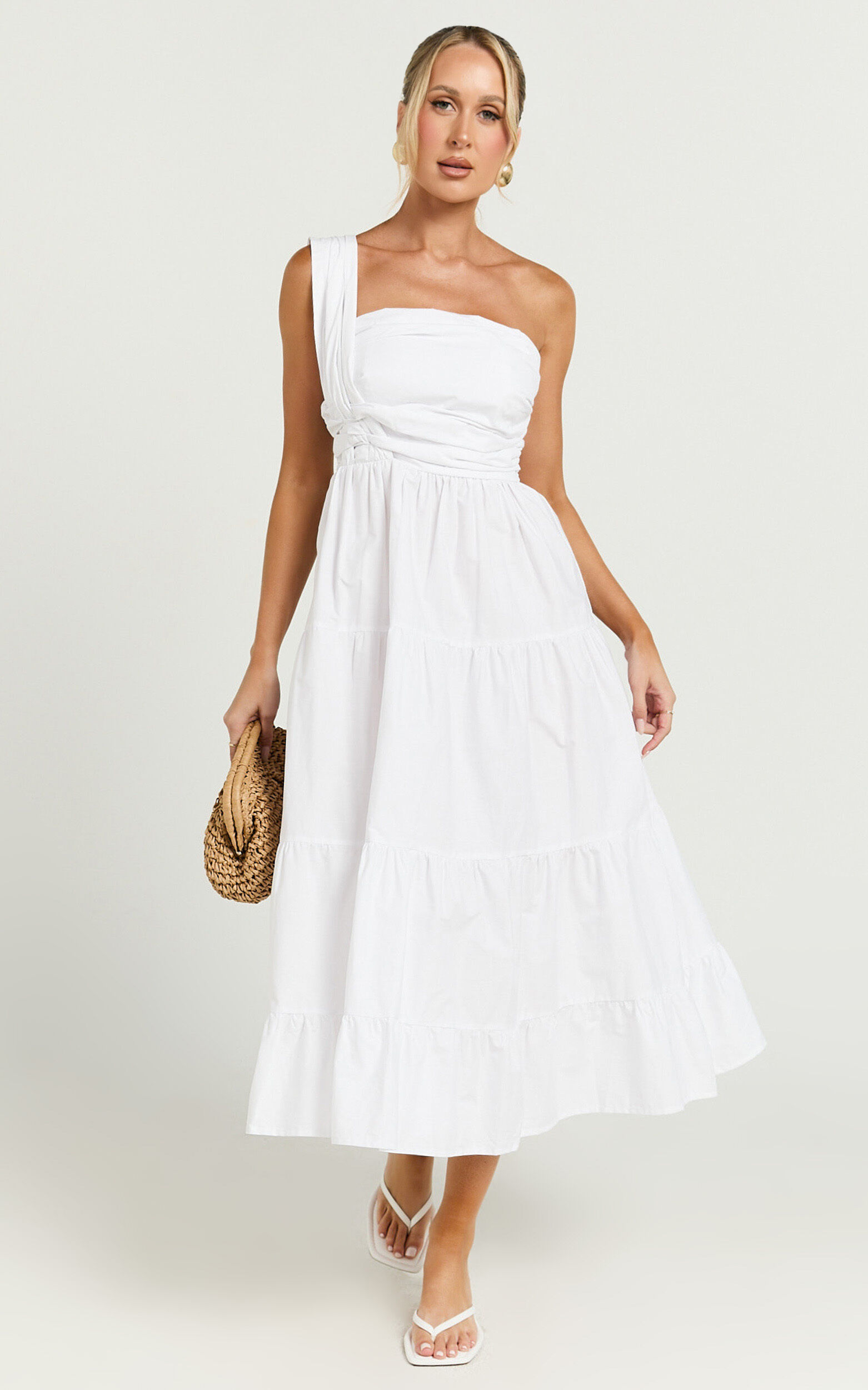 Stephanie Midi Dress - One Shoulder Tiered Midi Dress in White