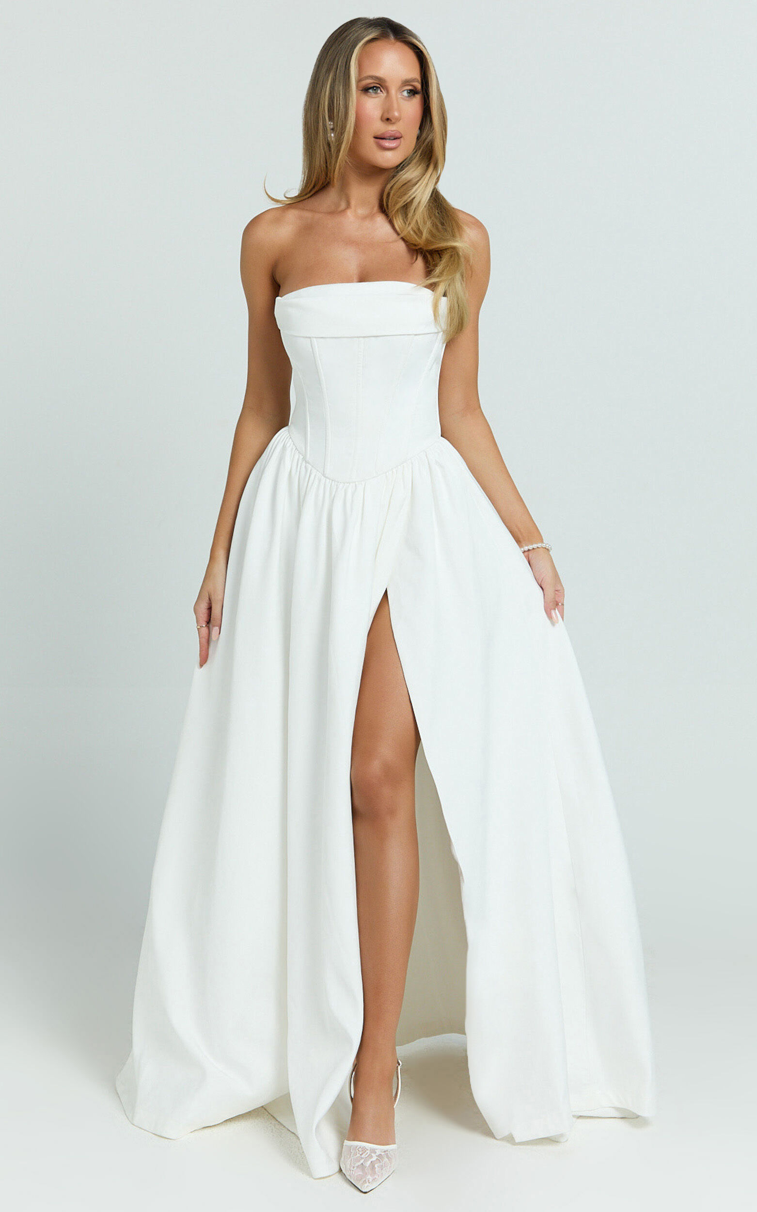 Jeannie Maxi Dress - Corset Panel High Split Dress in Off White
