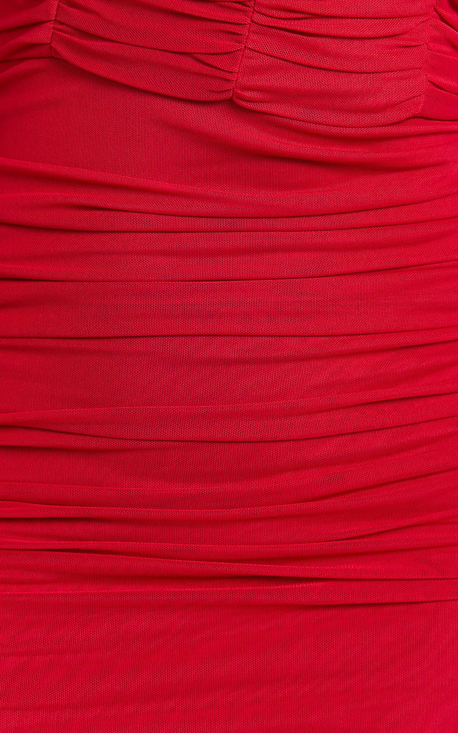 Gianni Maxi Dress - Plunge Ruched Mesh Column Dress in Red