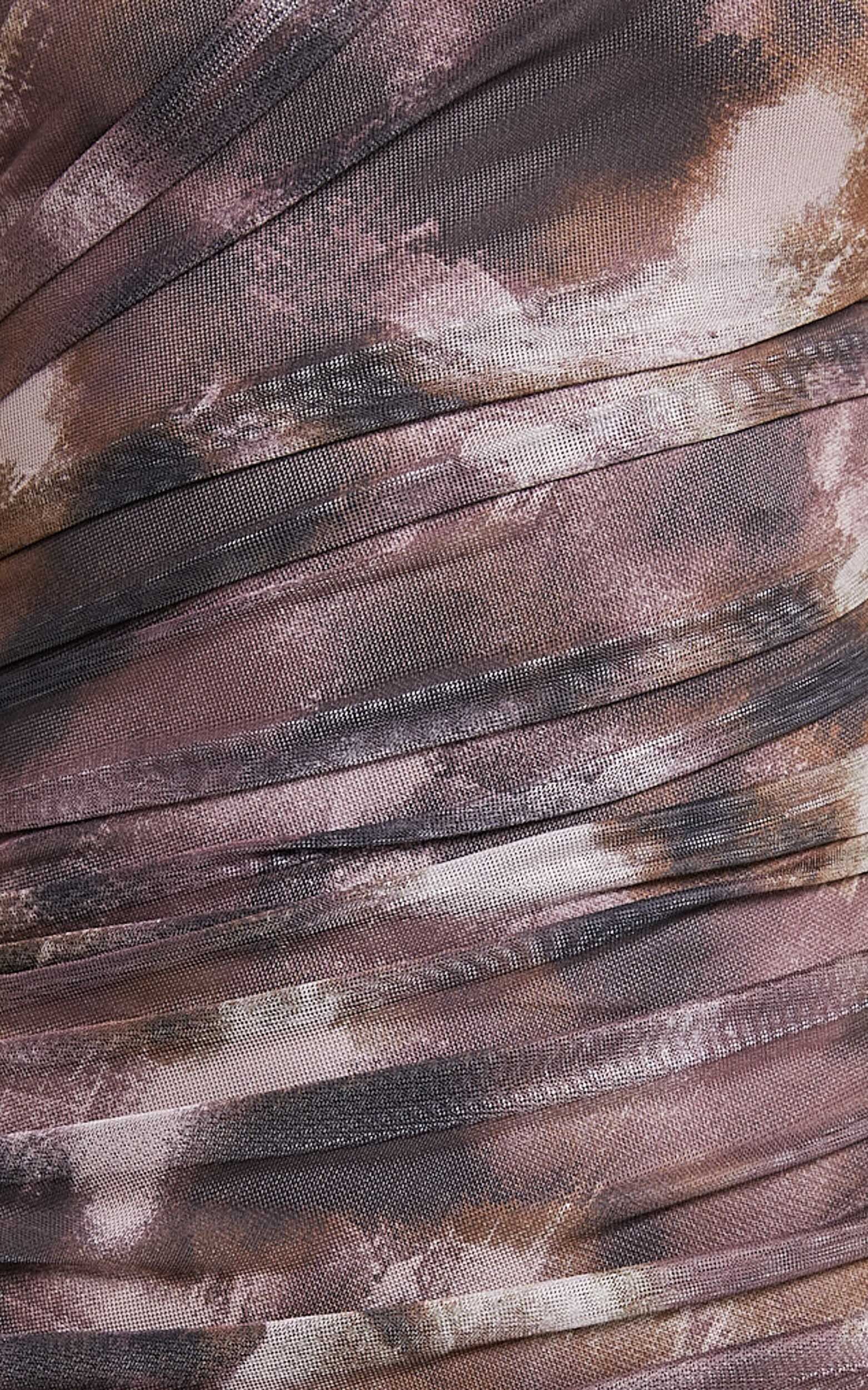 Yazmin Midi Dress - Strapless Ruched Mesh Slip Dress in Rustic Haze Print