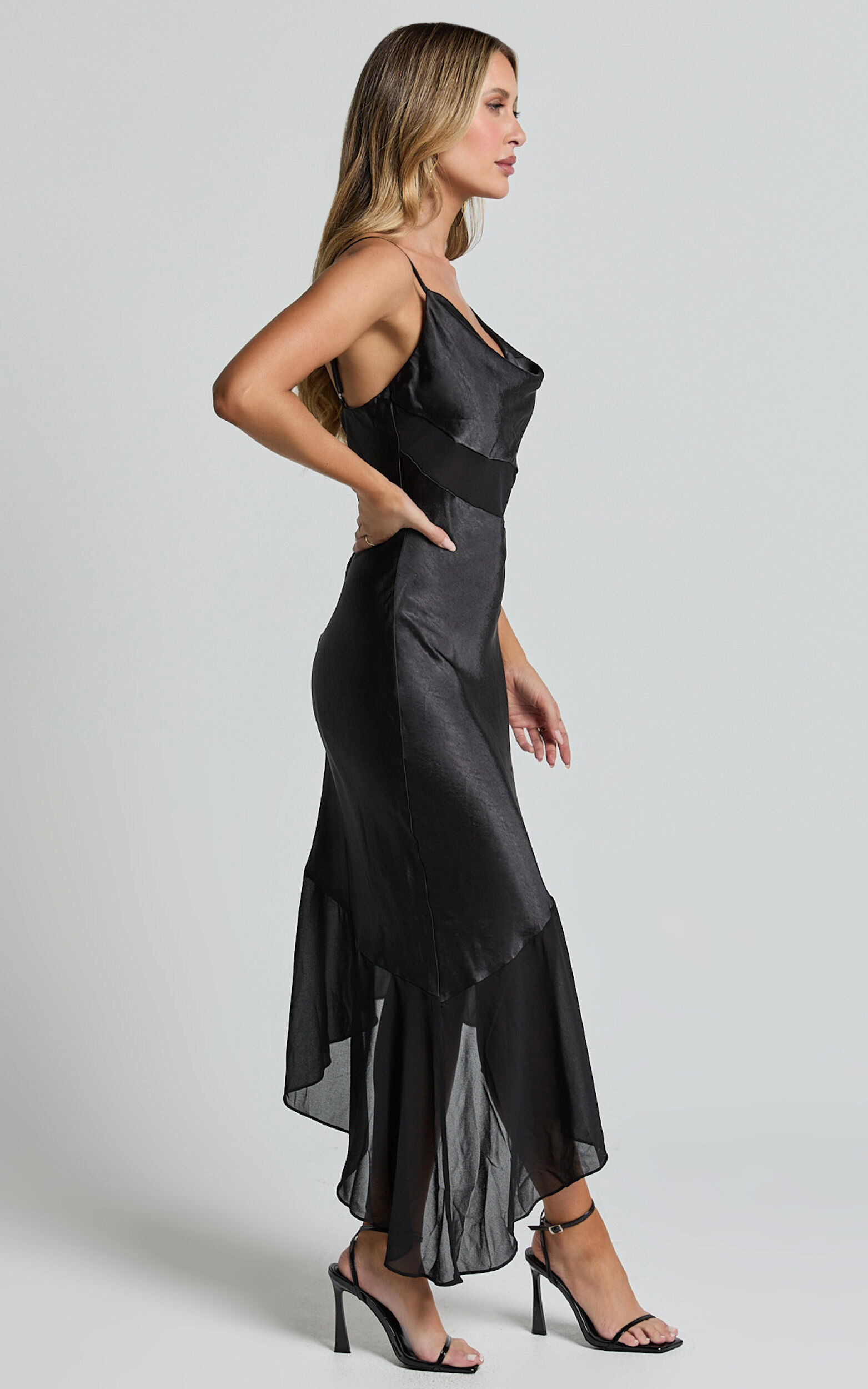 Sansa Midi Dress - Satin Cowl Neck Contrast Hem Asymmetrical Dress in Black