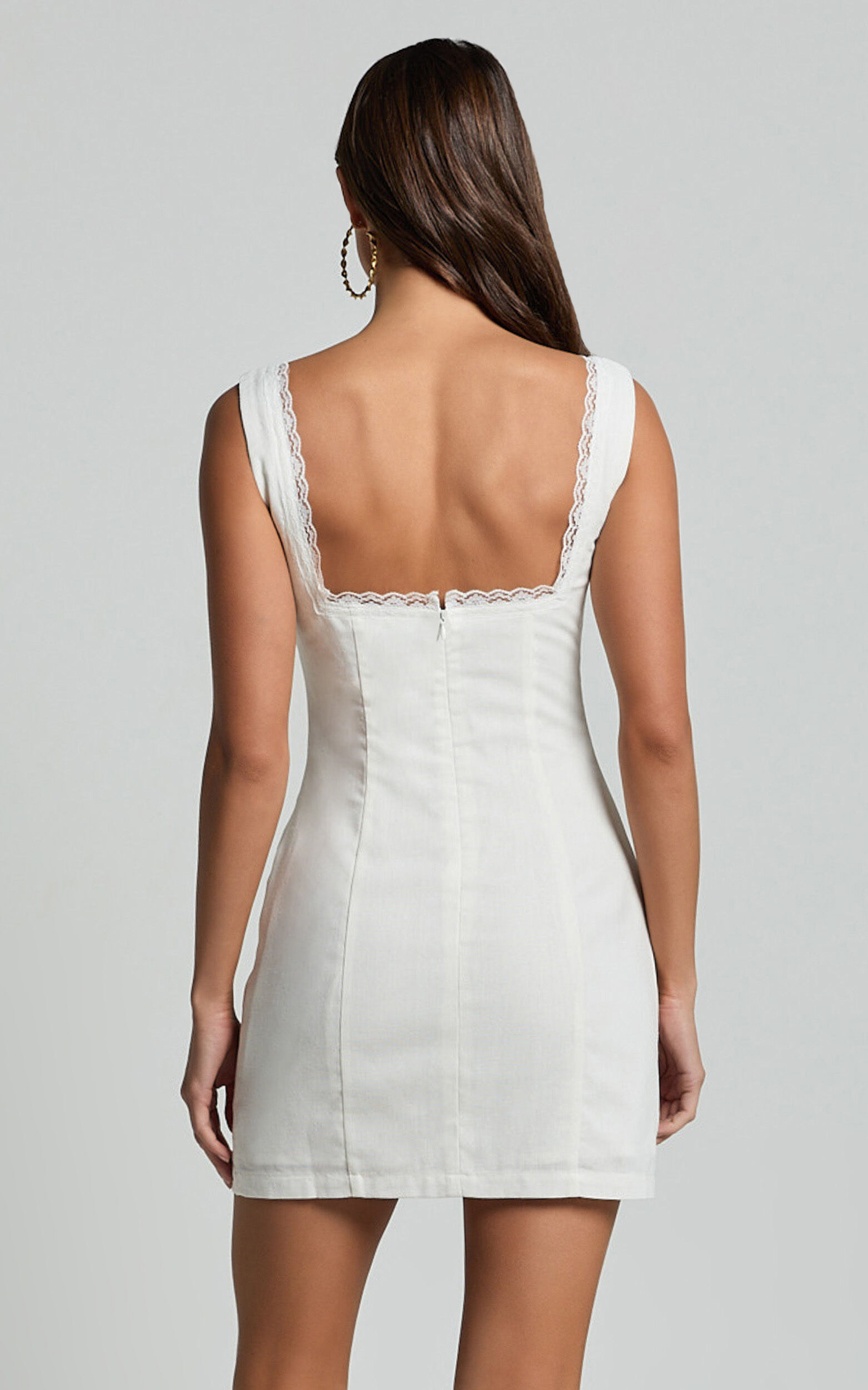 Flynn Mini Linen Dress - Lace Trim Square Neck Tie Front Dress in Ivory