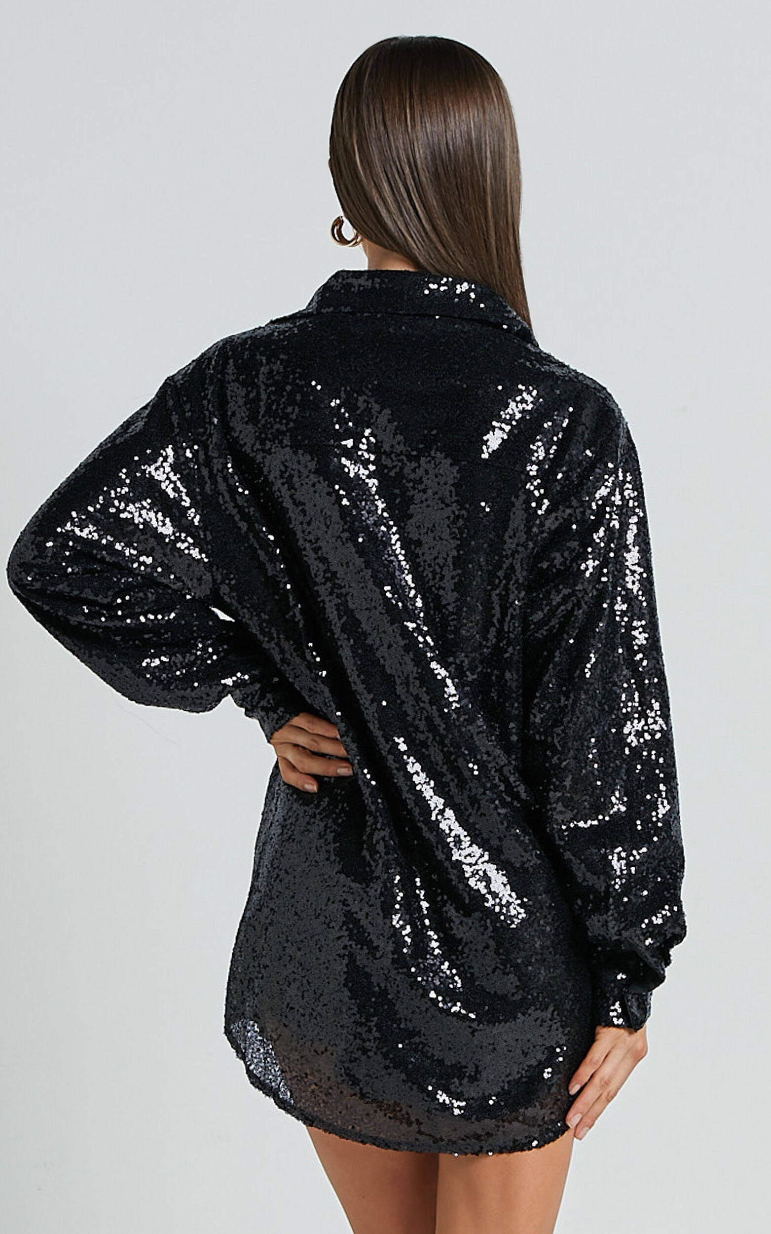 Cally Mini Dress - Oversized Shirt Dress in Black Sequin