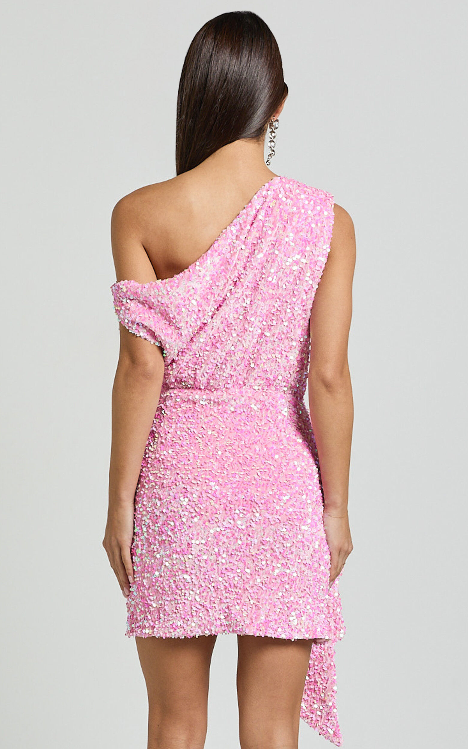 Tonya Mini Dress - Sequin Drape One Shoulder Dress in Pink