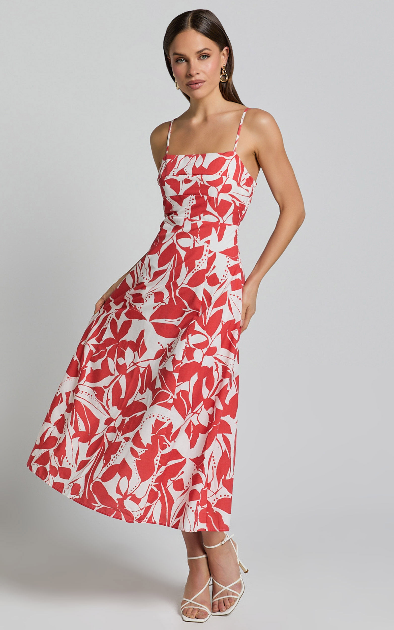 Nylia Midi Dress - Strappy Fit and Flare Dress in Red Floral