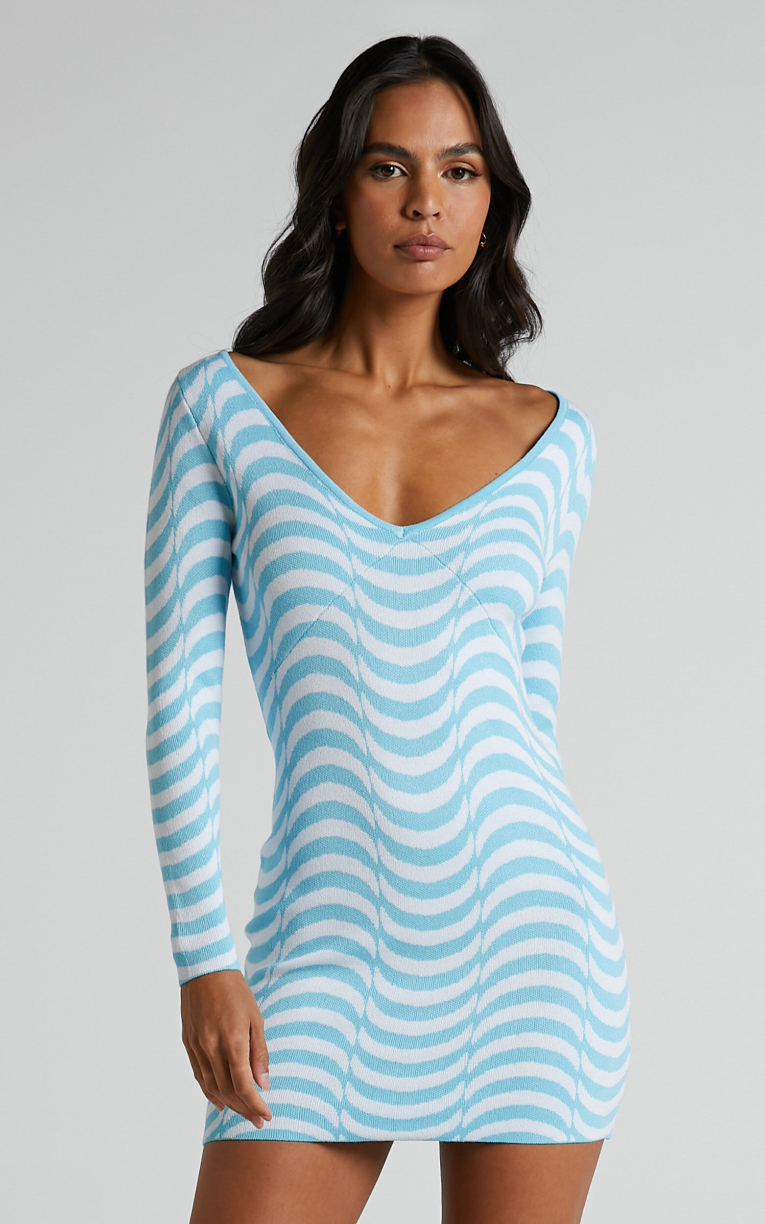 Lizia Mini Dress - Intarsia V Neck Long Sleeve Bodycon Dress in Wavy Stripe