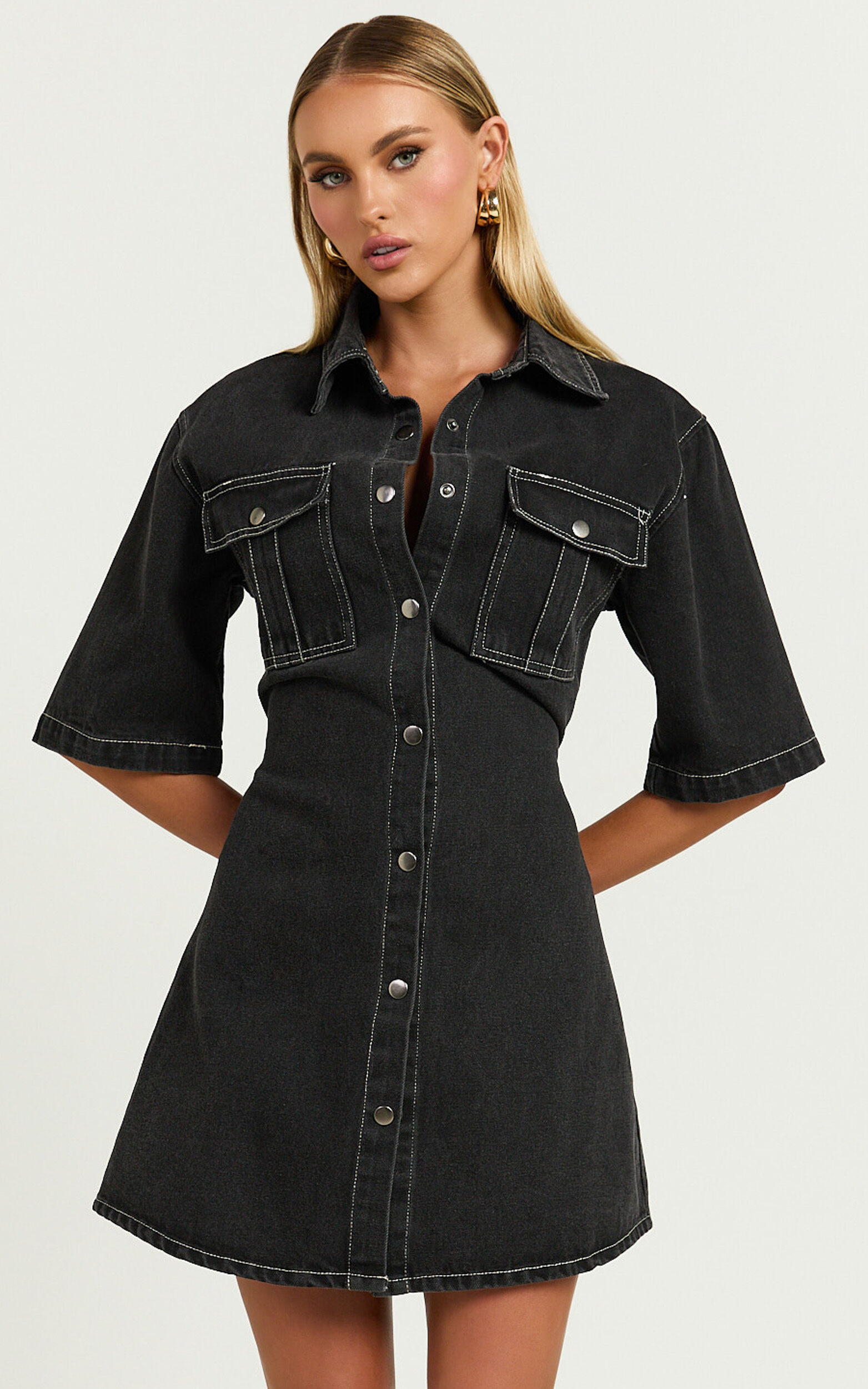 Leilani Mini Dress - Denim Short Sleeve Button Up Dress in Washed Black