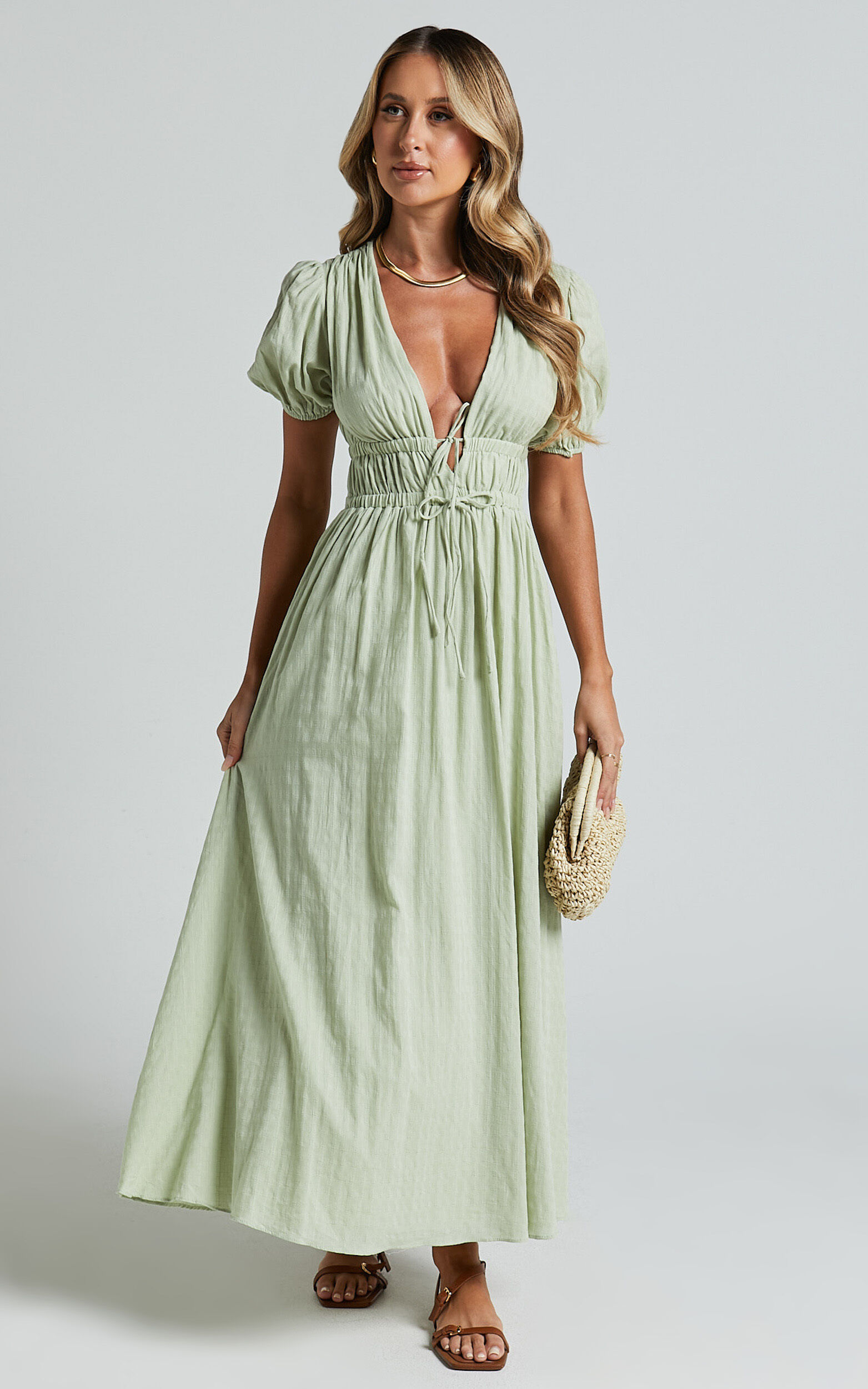 Matteo Midi Dress - Deep V Neck Puff Sleeve Dress in Sage