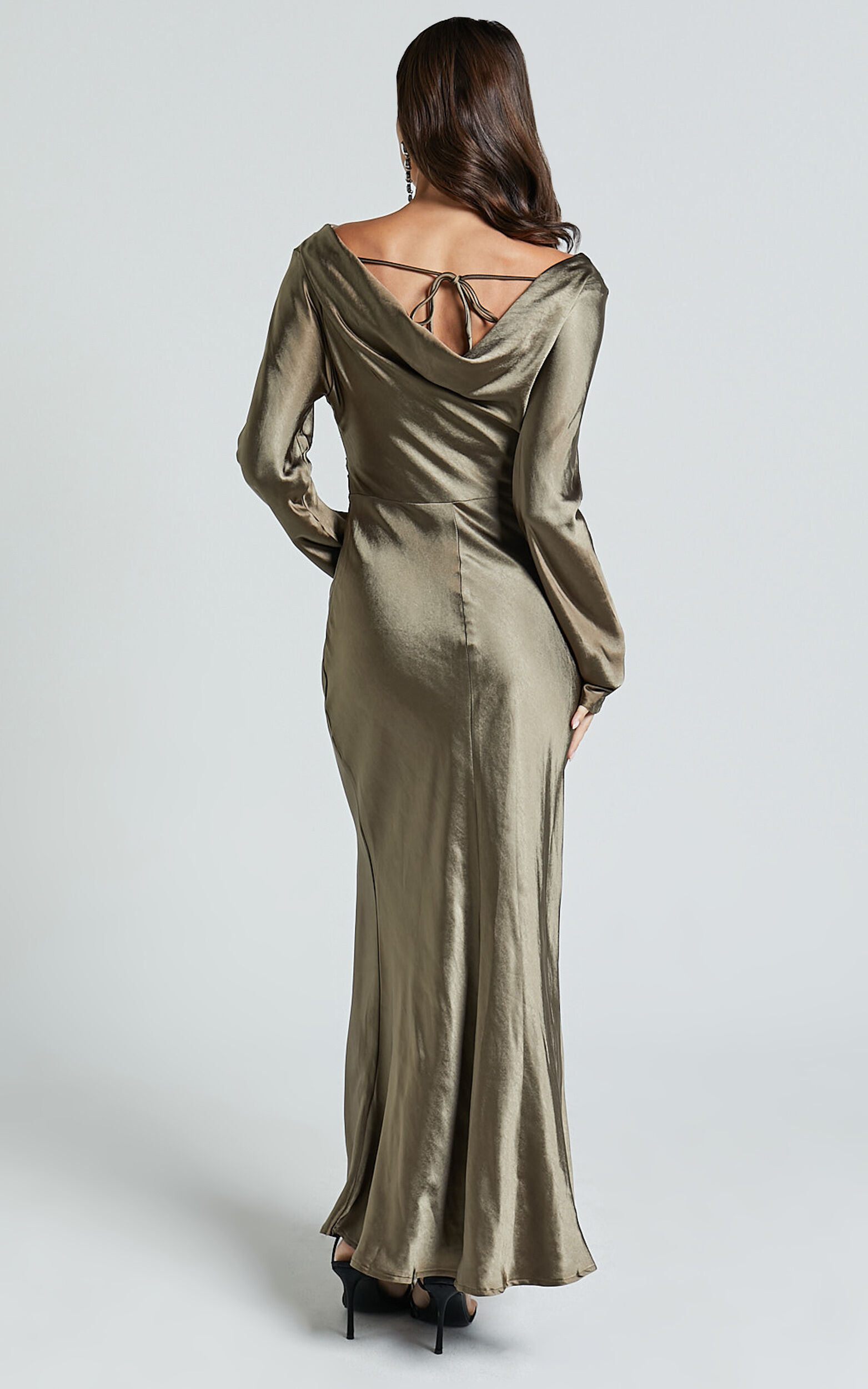 Arriana Midi Dress - Long Sleeve Cowl Back Satin Dress in Dark Olive