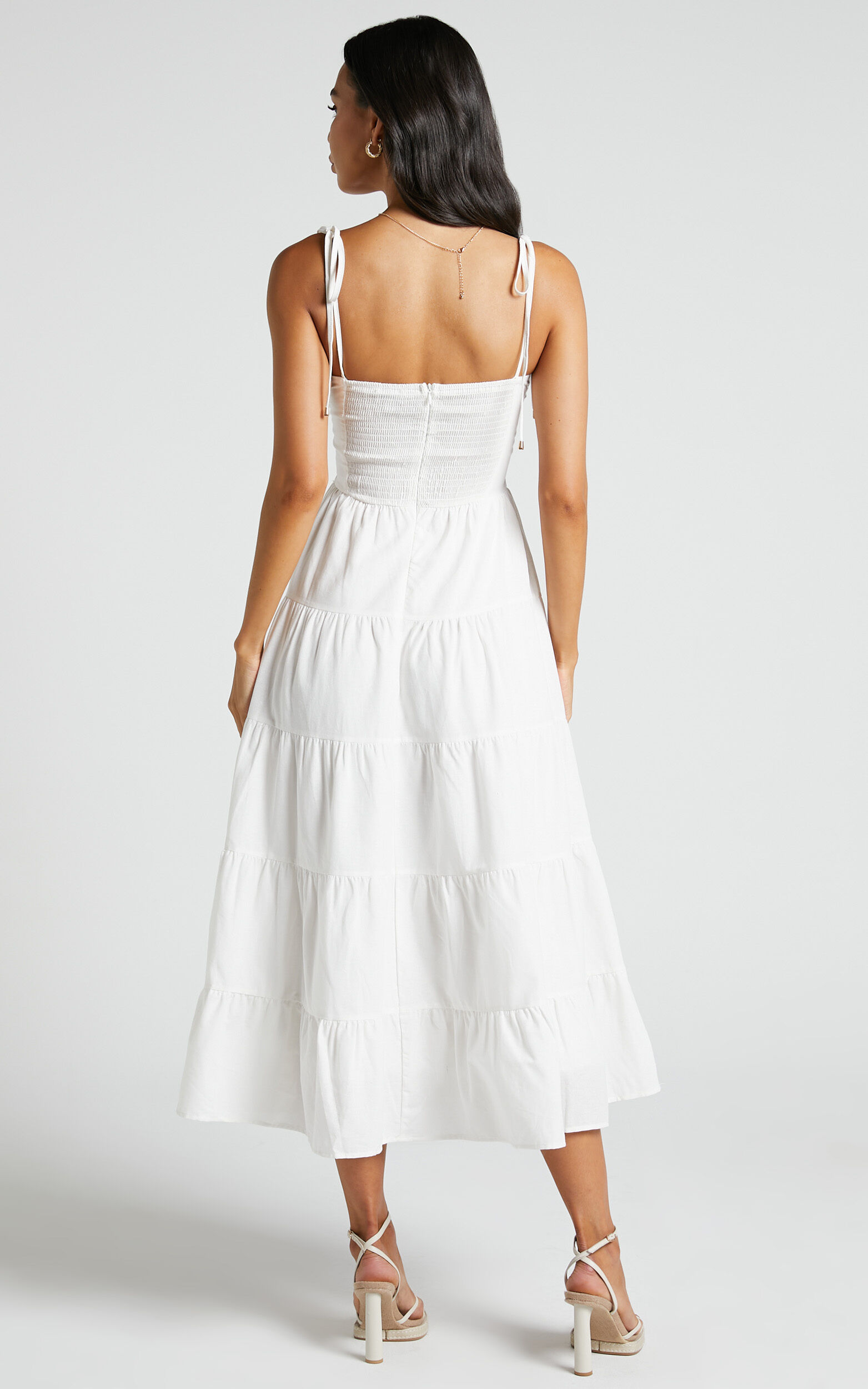 Leticia Midi Dress - Twist Front Tie Strap Tiered Dress in Off White