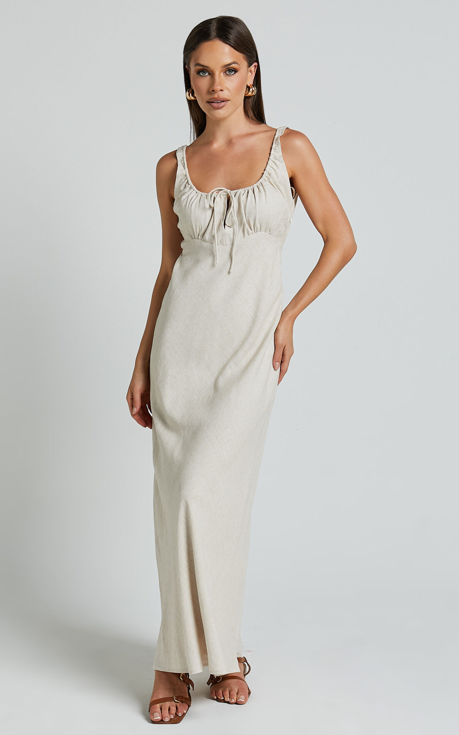 Lucas Midi Dress - Ruched Bust Linen Dress in Natural