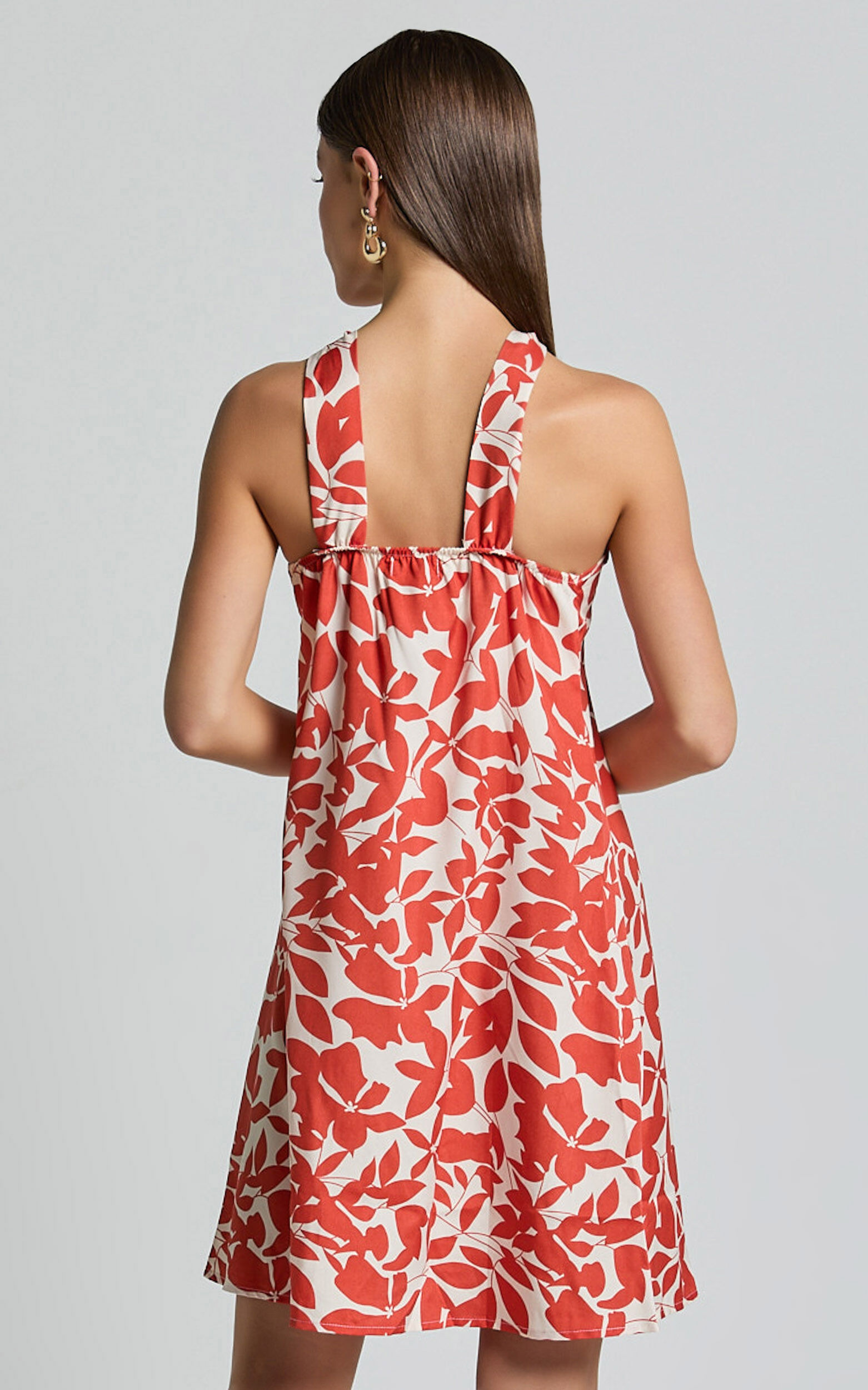 Vicki Mini Dress - Halter Neck A Line Dress in Red Leaf Print